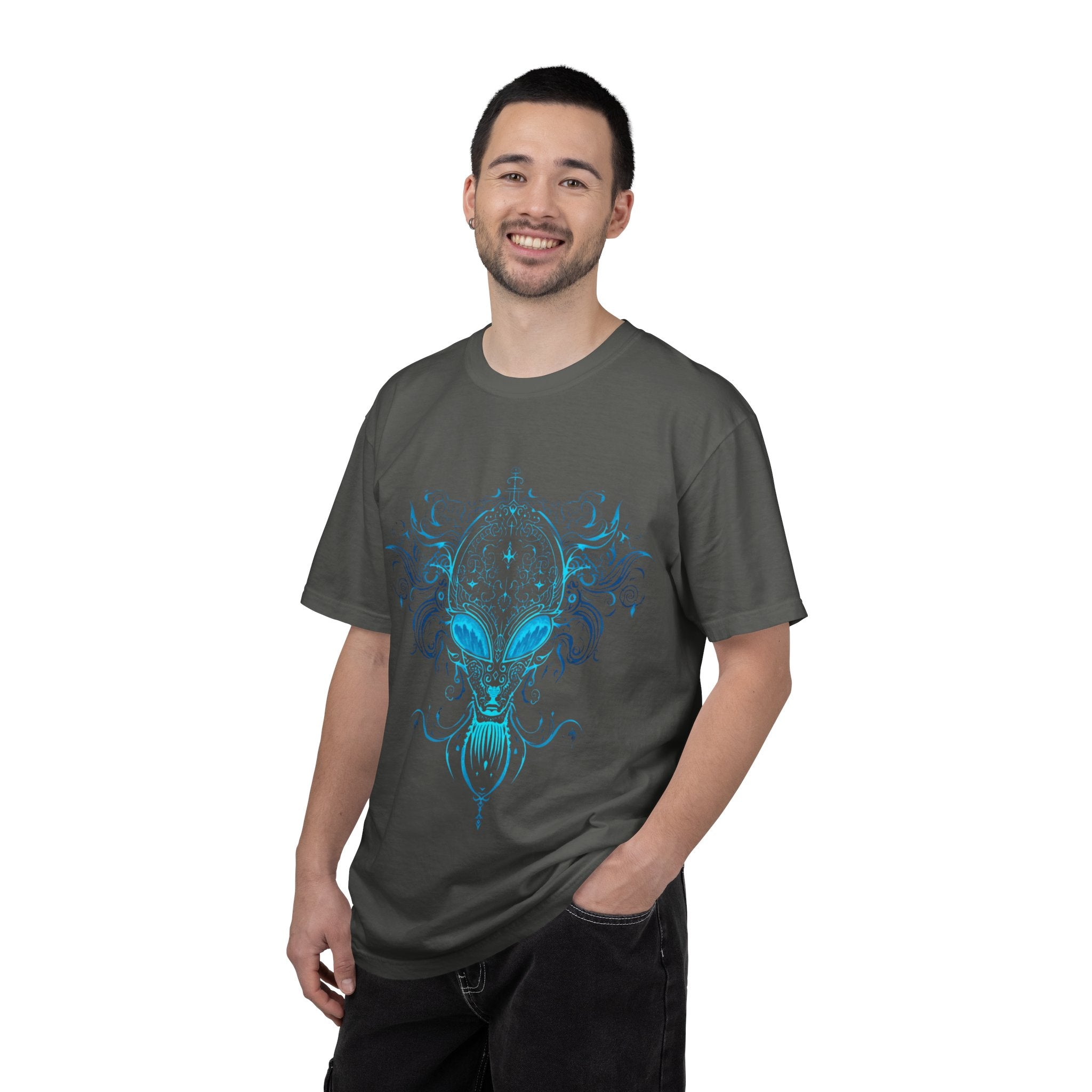 Alien Mask Ornate chinoiserie Blue T-Shirt | Mystical Alien Face Tee
