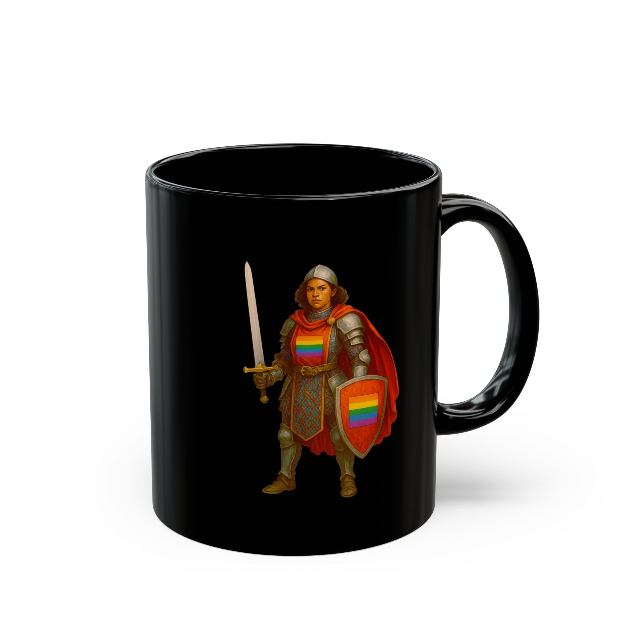 Rainbow Paladin Mug | Black Ceramic Mug with Pride Shield and Cape
