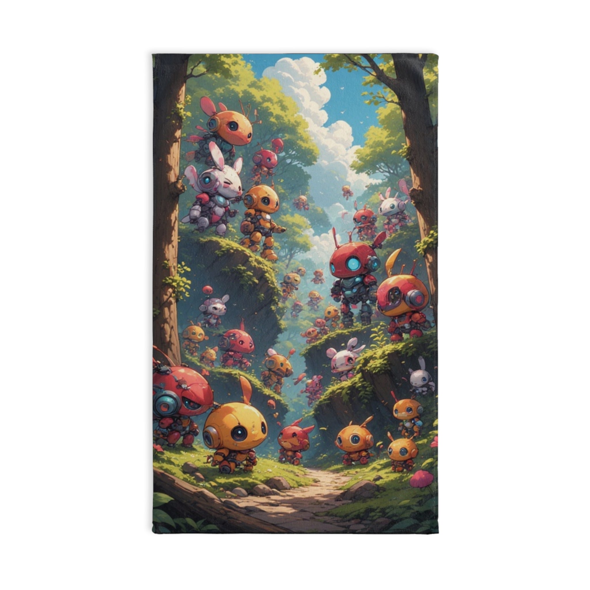 Hand Towel Happy Forest Robots | Kawaii Woodland Characters, Colorful Scenic Print