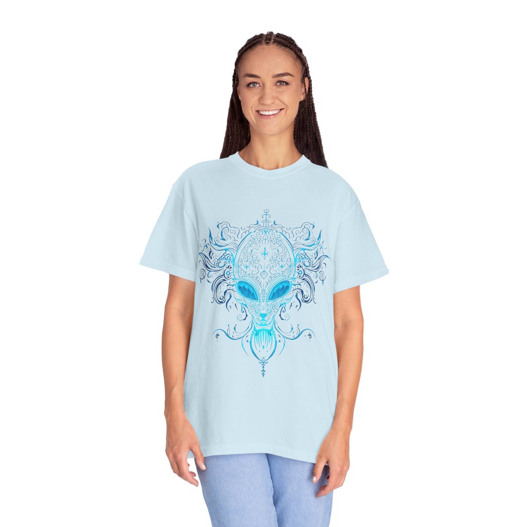 Alien Mask Ornate chinoiserie Blue T-Shirt | Mystical Alien Face Tee
