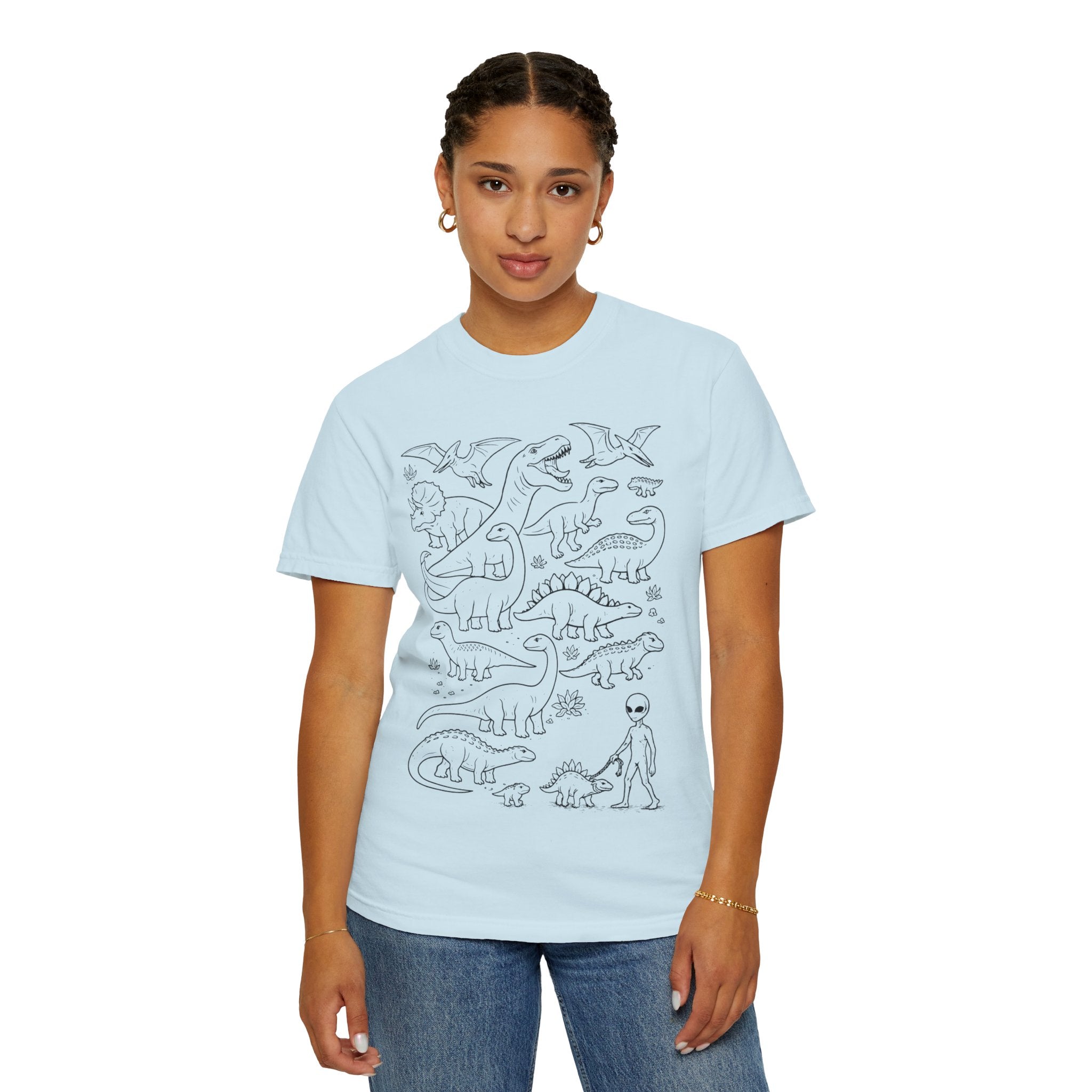 Alien & Dinosaur funny Line Art T-Shirt