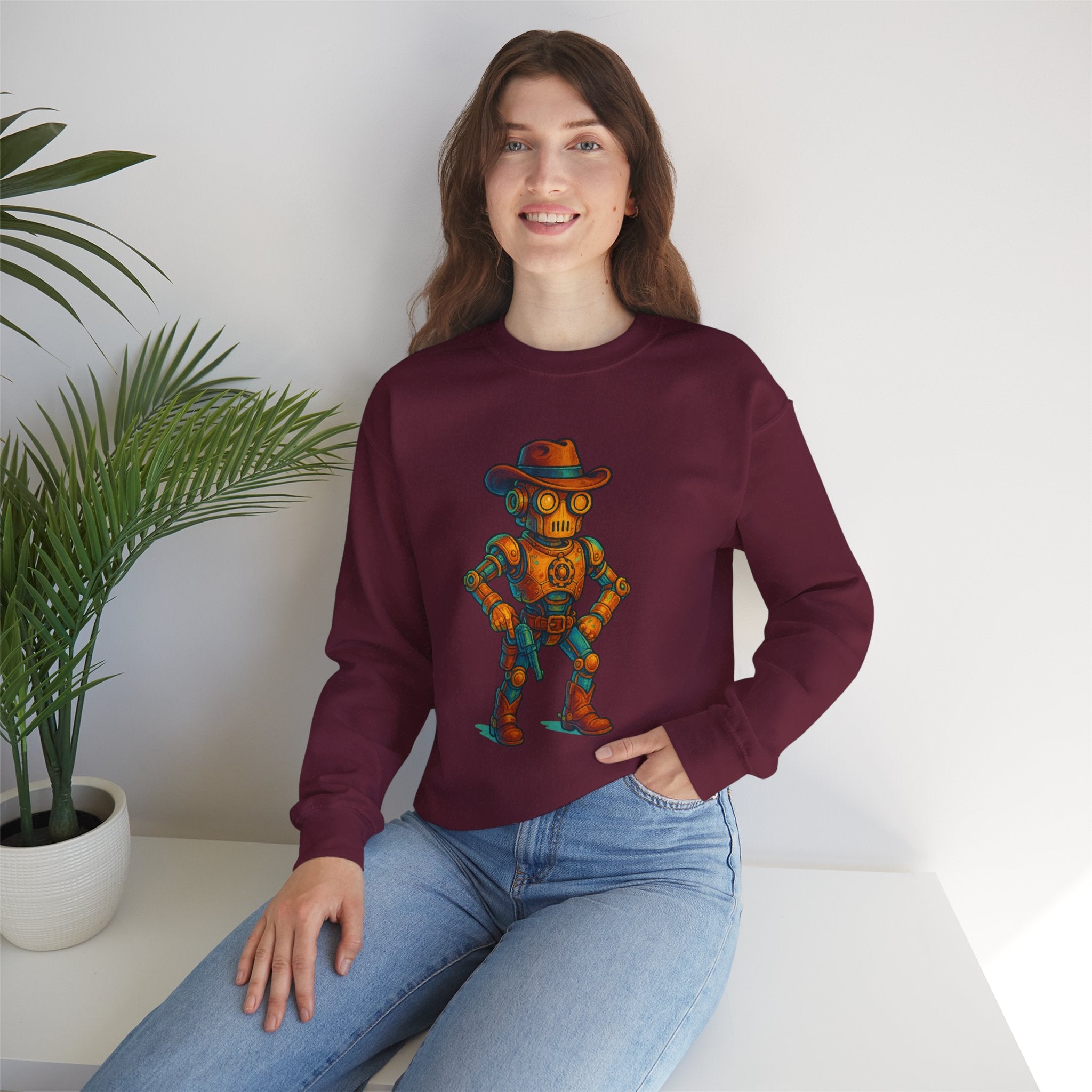 Steampunk Cowboy Robot Crewneck Sweatshirt | Retro Western Robot Artwork