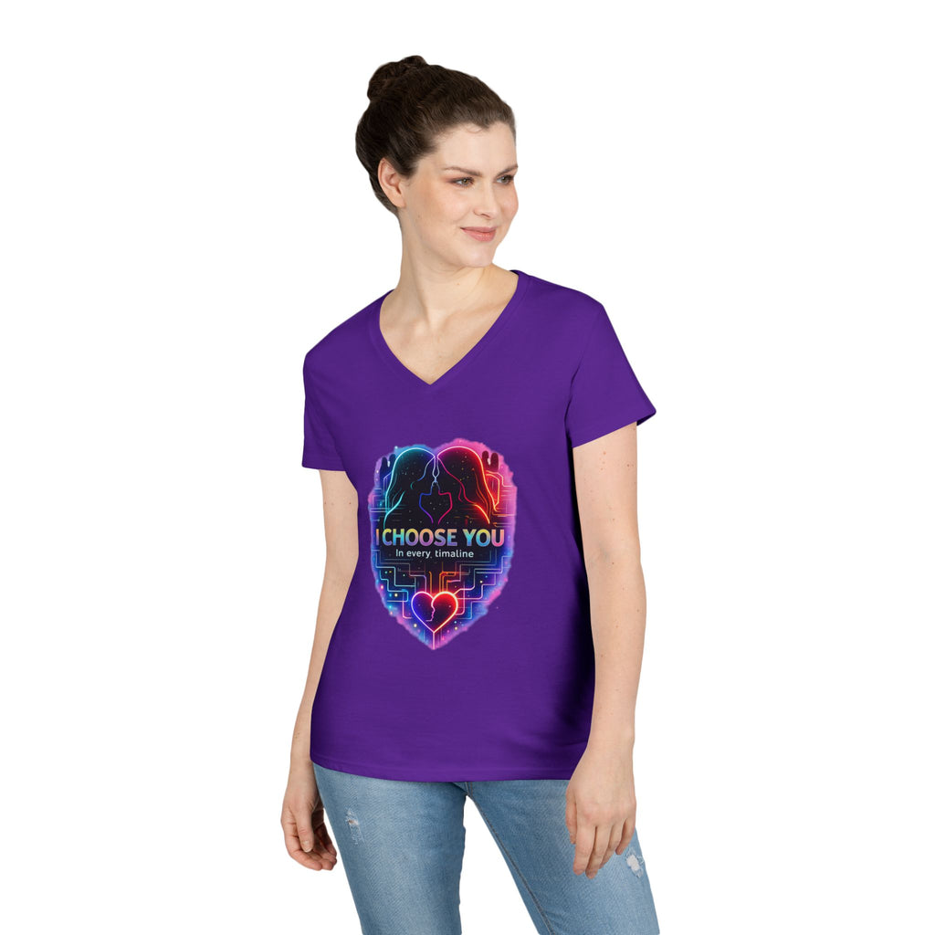 I Choose You in Every Timeline Heart Graphic Women's V-Neck T-Shirt | Neon Retro LGBTQ Love