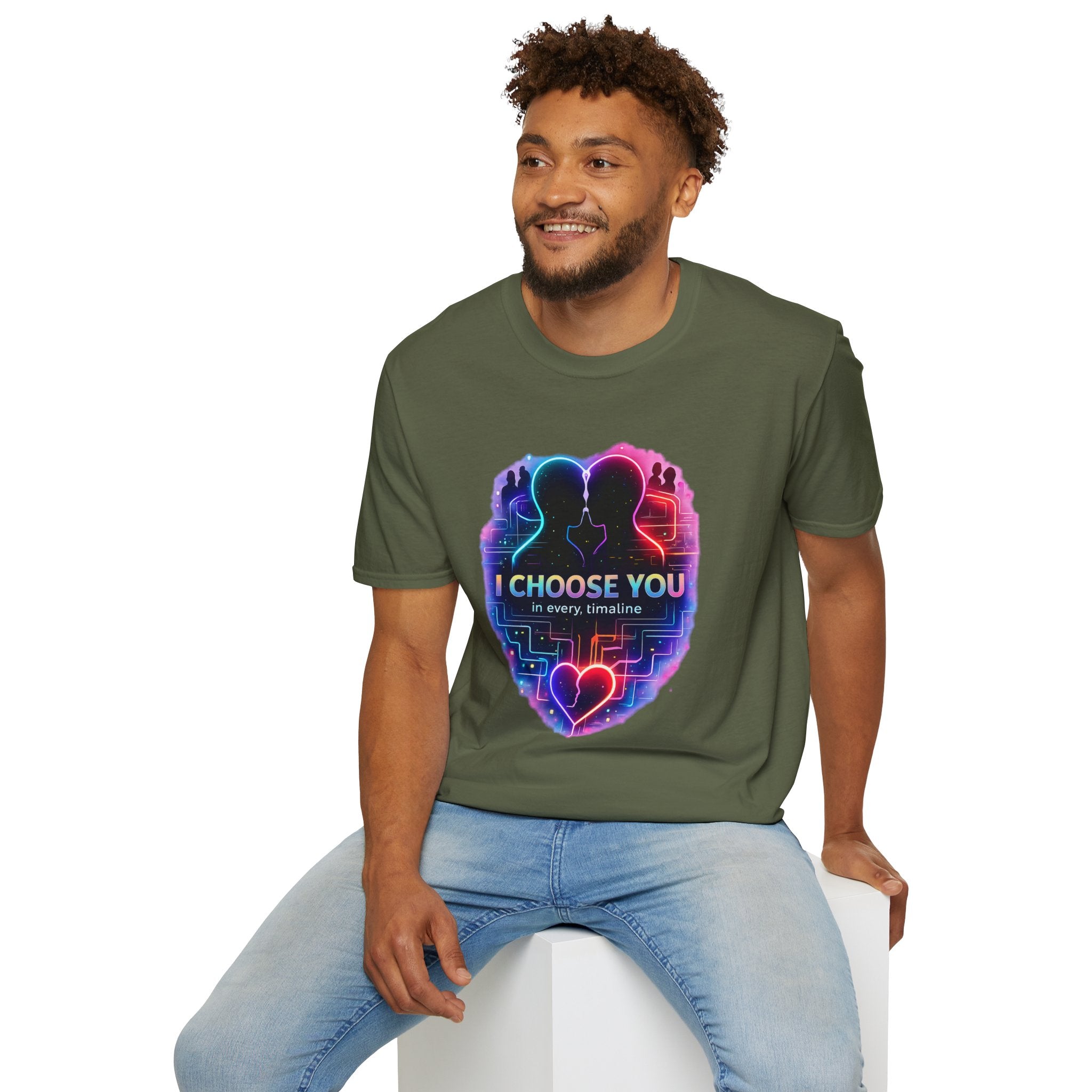 I Choose You  in Every Timeline silhouette heart T-Shirt | Neon LBGTQ couple, love phrase