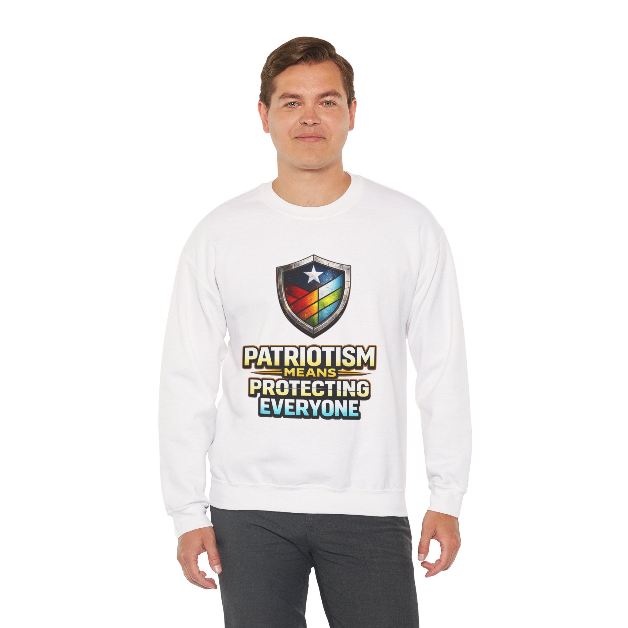 Patriotism Means Protecting Everyone Sweatshirt | Rainbow Shield Flag Design