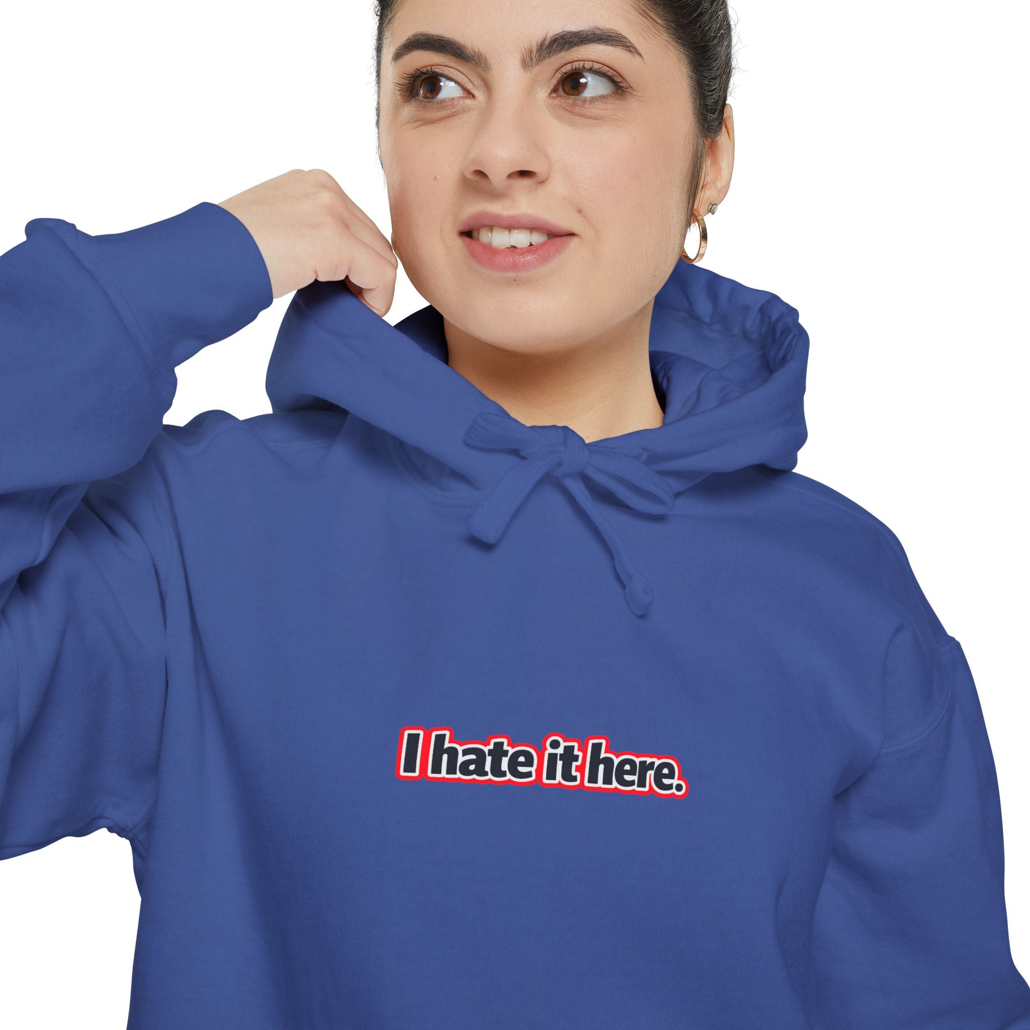 I hate it here, minimalist text design Comfort Colors hoodie