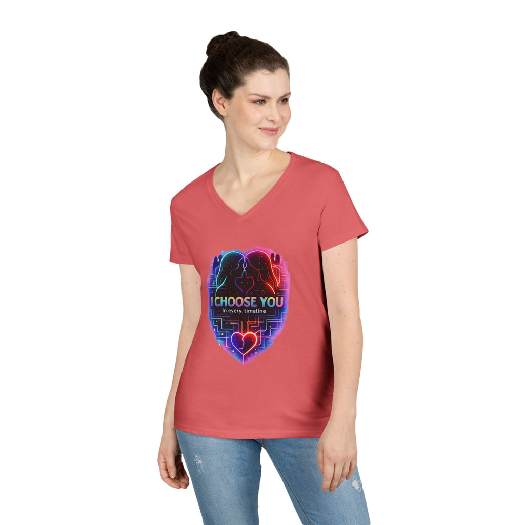 I Choose You in Every Timeline Heart Graphic Women's V-Neck T-Shirt | Neon Retro LGBTQ Love