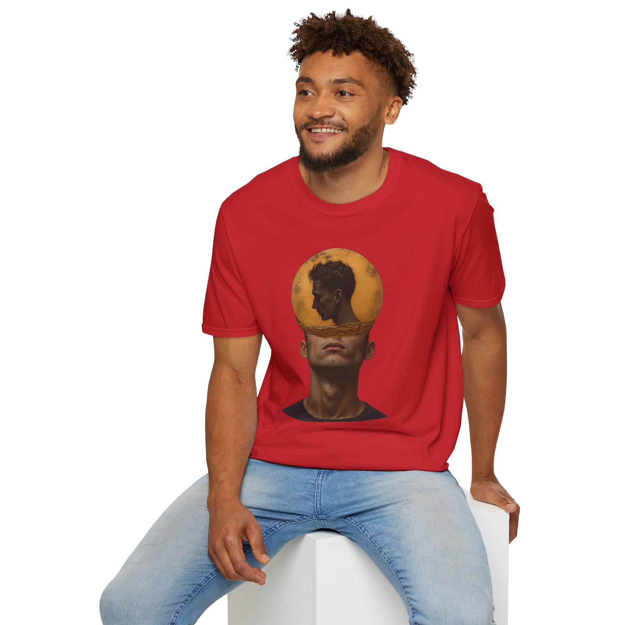 Surreal Double Portrait T-Shirt | Abstract Head Silhouette, Moon Circle