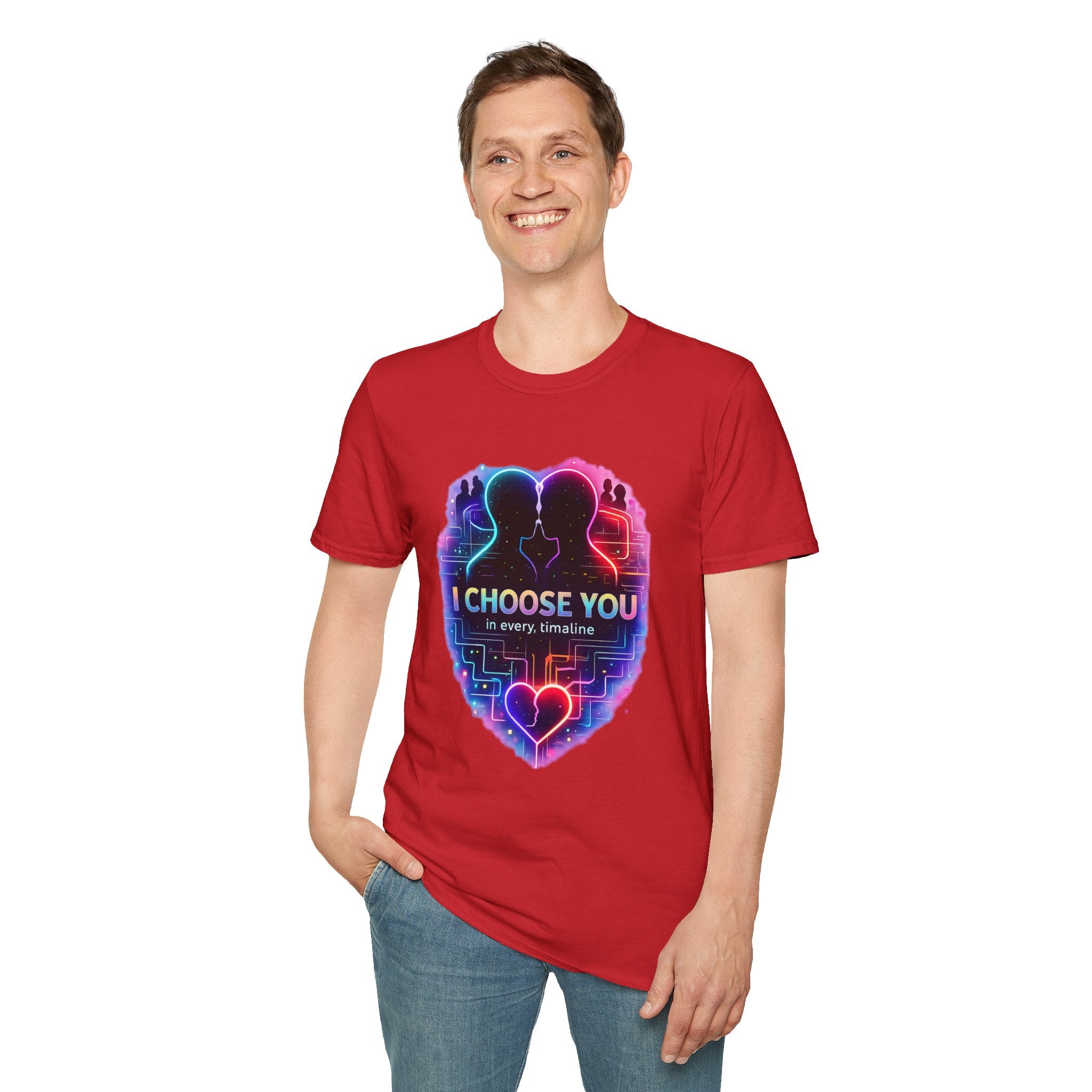 I Choose You  in Every Timeline silhouette heart T-Shirt | Neon LBGTQ couple, love phrase