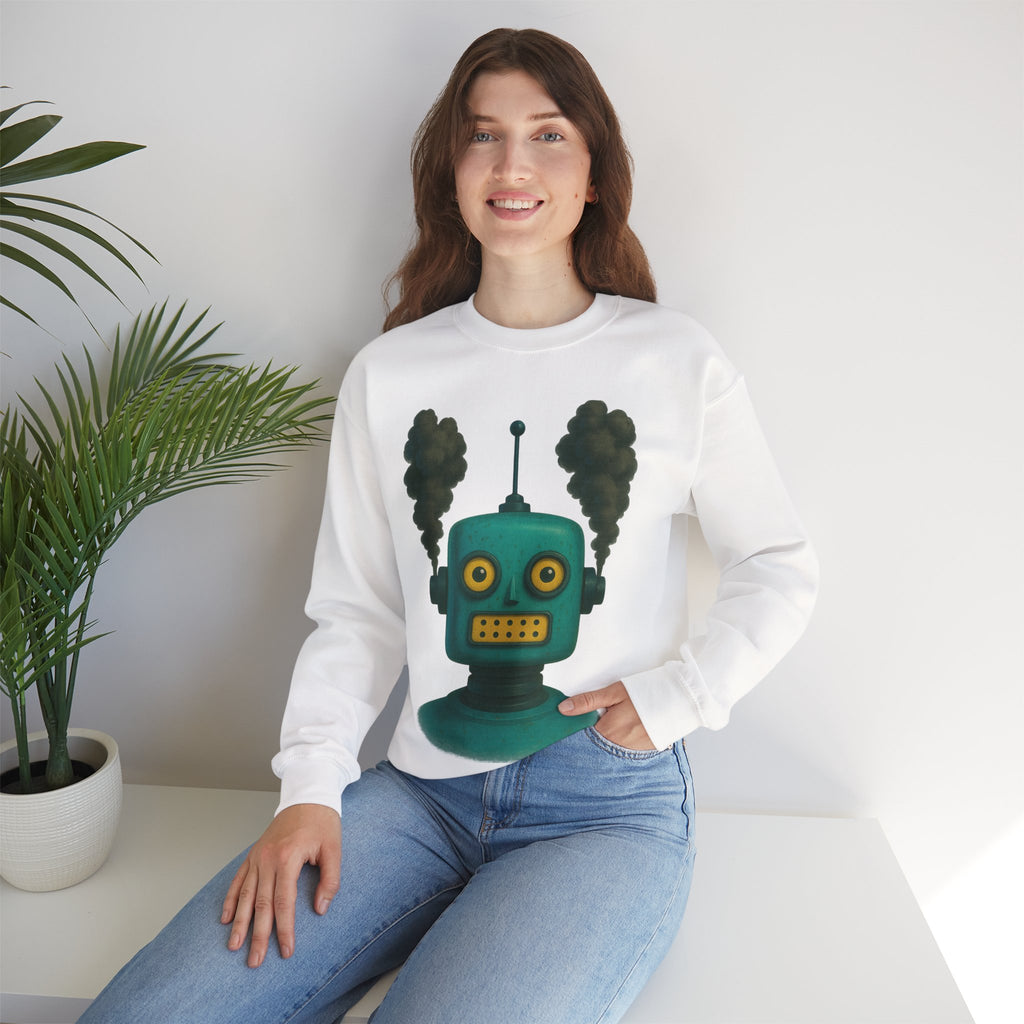 Smoking Robot Graphic Unisex Sweatshirt, Cozy Crewneck Top