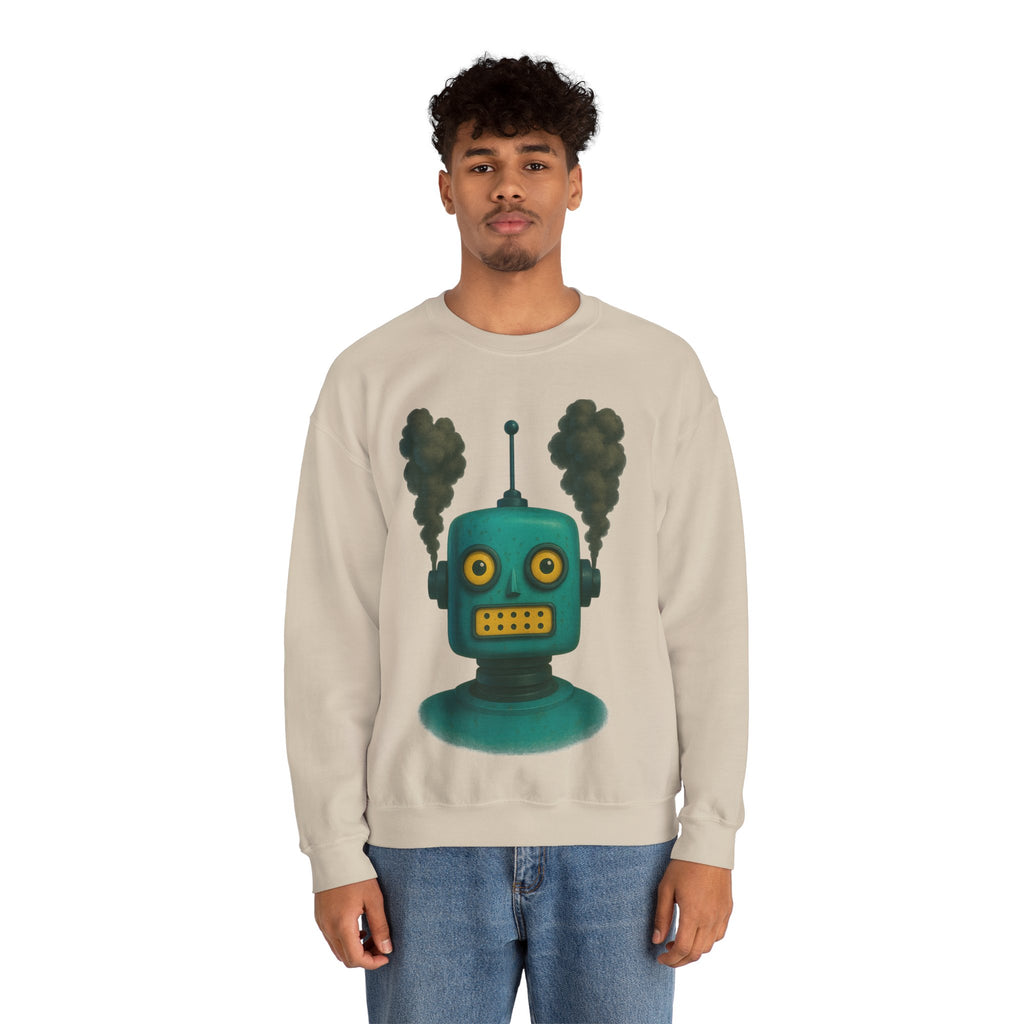 Smoking Robot Graphic Unisex Sweatshirt, Cozy Crewneck Top