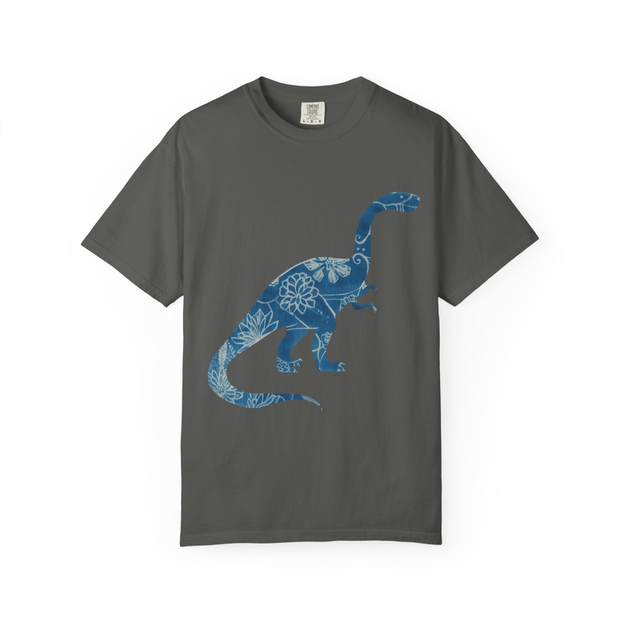 Dinosaur Floral blue chinoiserie Silhouette T-Shirt | Blue Botanical Dino Brontosaurus Tee