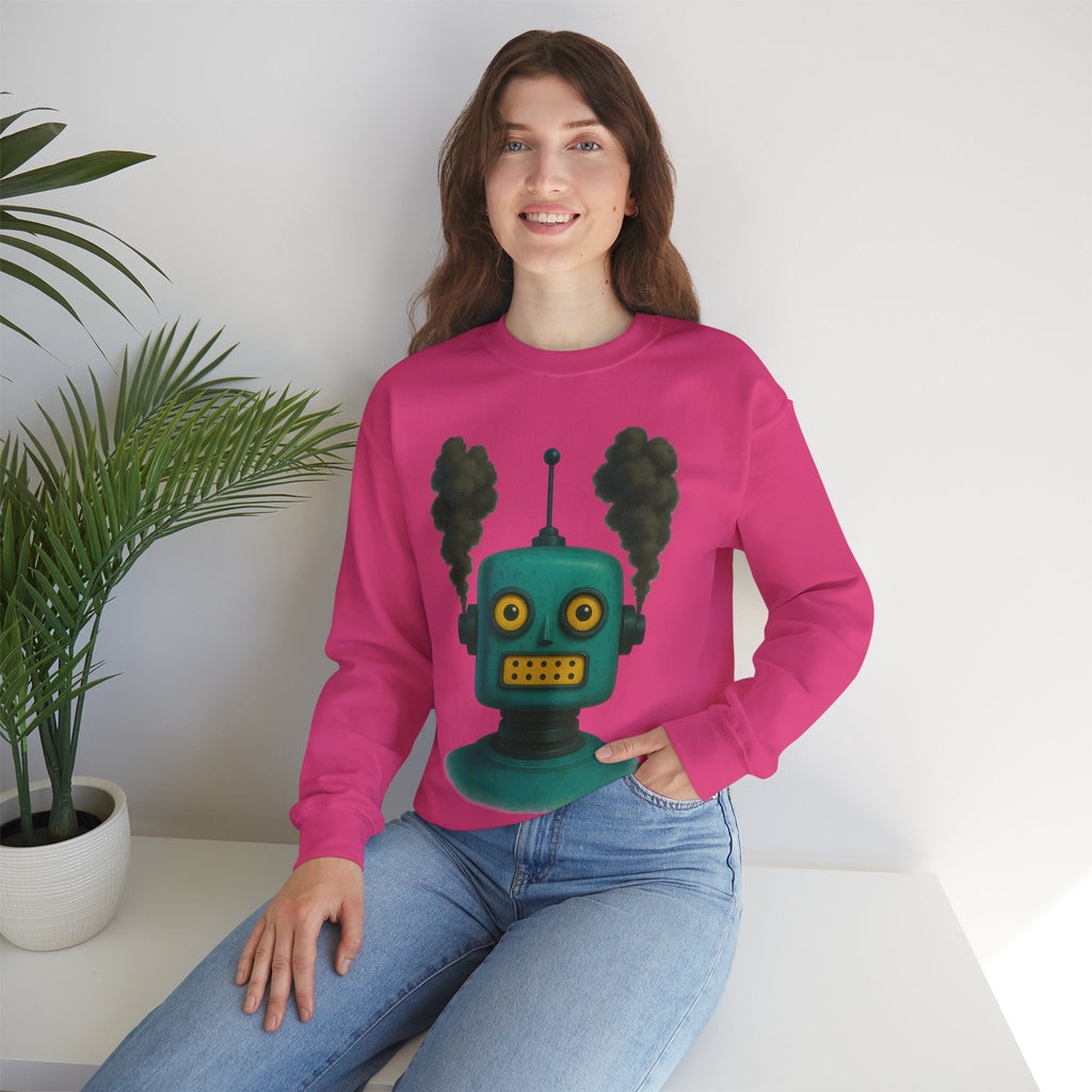 Smoking Robot Graphic Unisex Sweatshirt, Cozy Crewneck Top