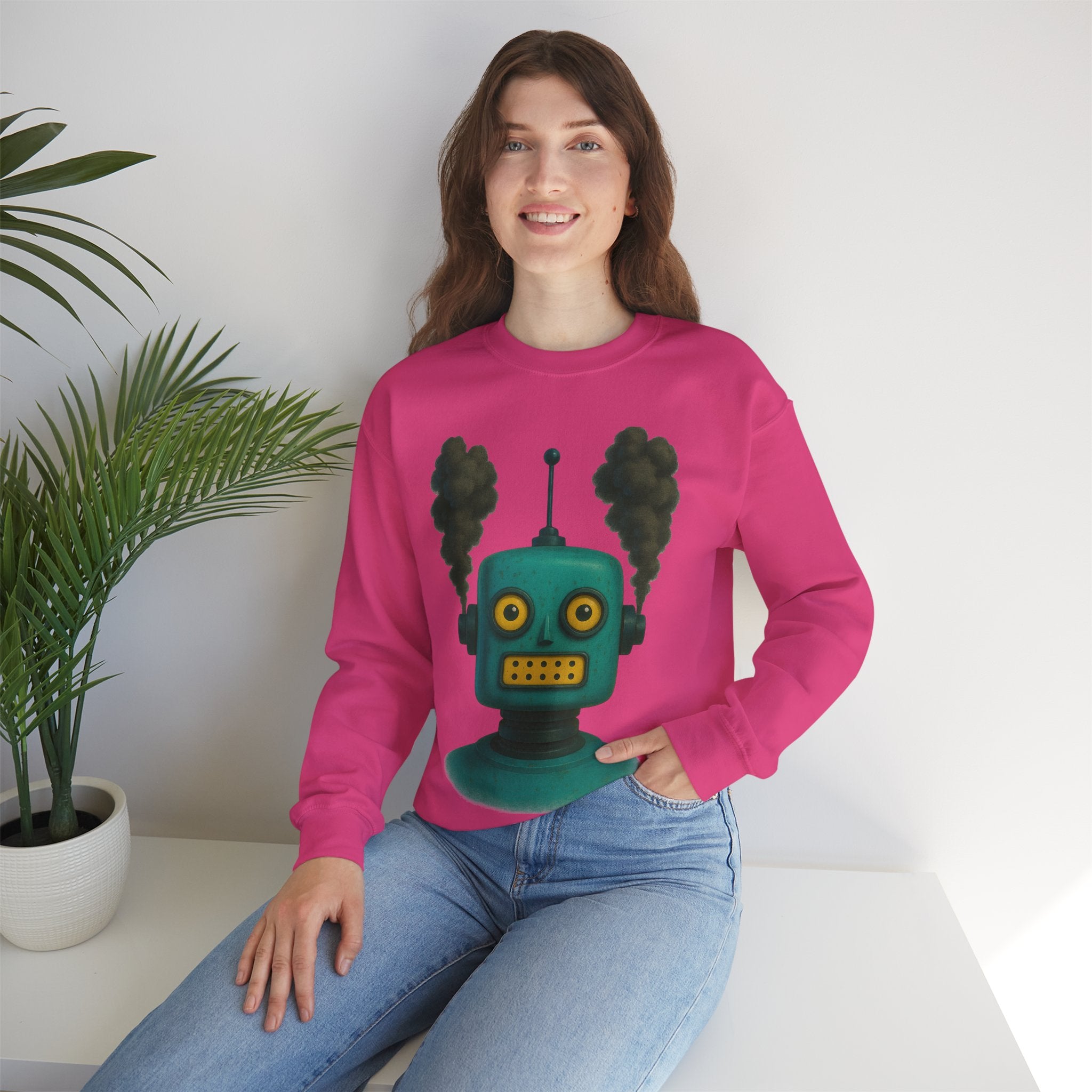 Smoking Robot Graphic Unisex Sweatshirt, Cozy Crewneck Top