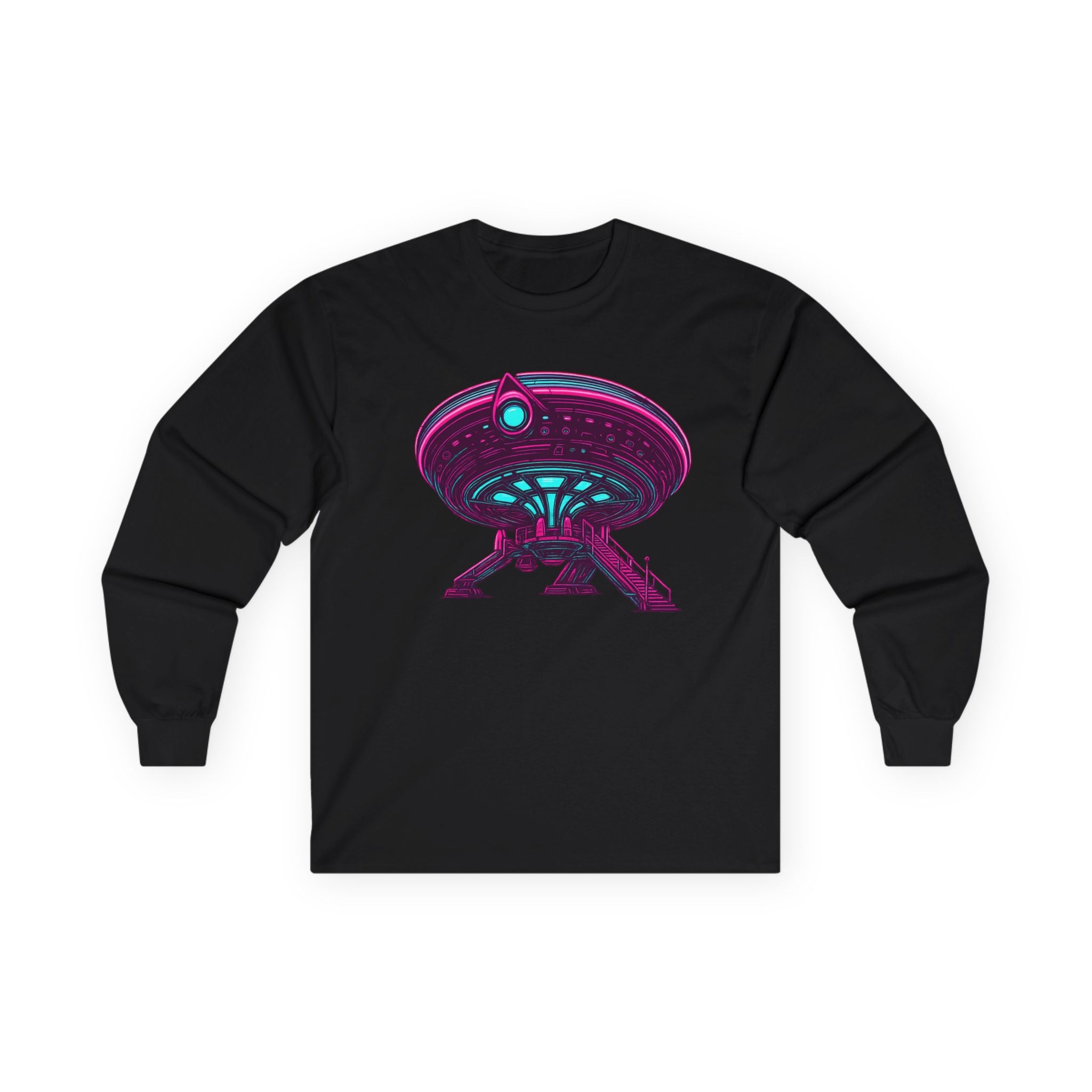 Retro Neon UFO Illustration Long Sleeve Tee | Alien Spaceship Graphic