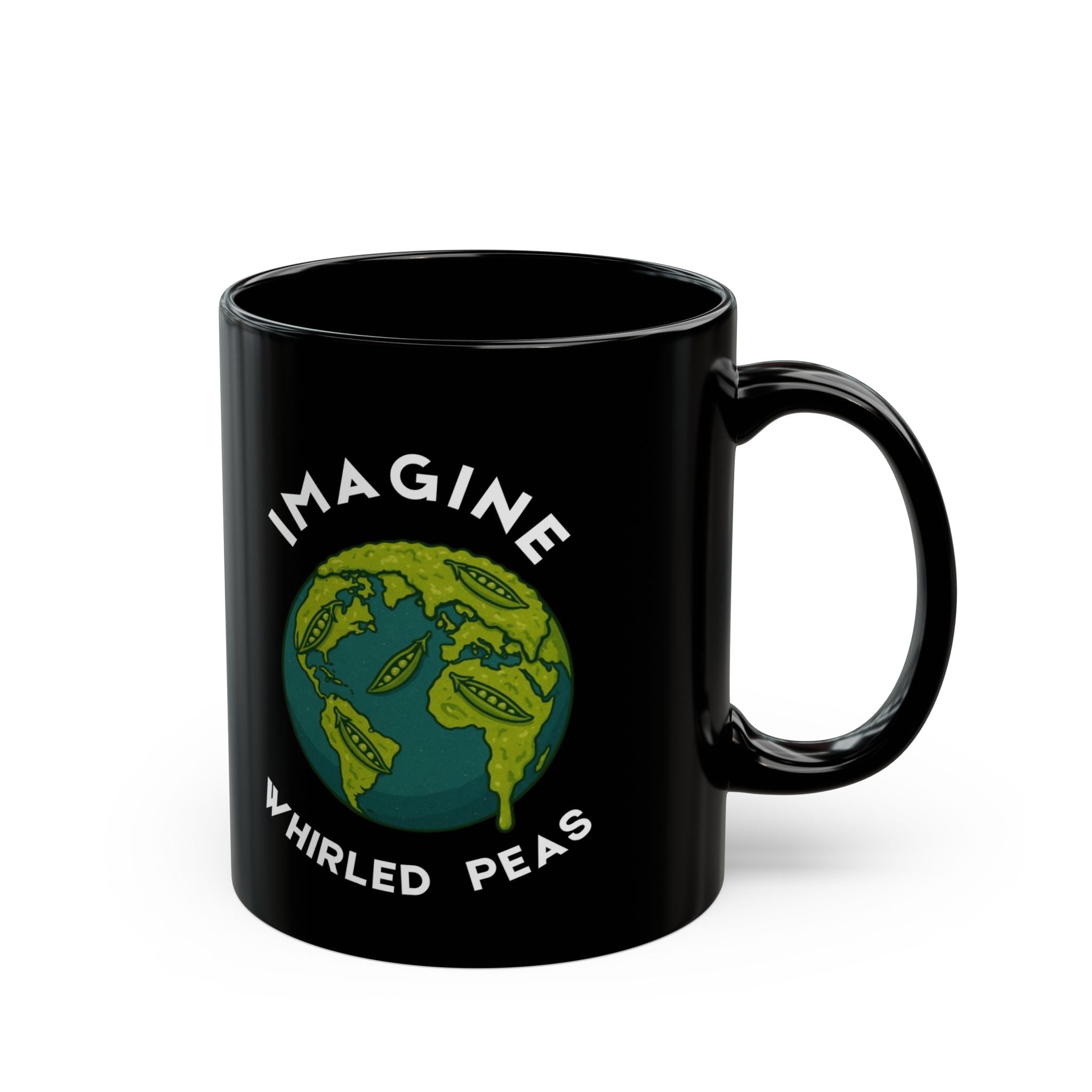 Imagine Whirled Peas Whimsical Black Mug with Earth and Peas Design