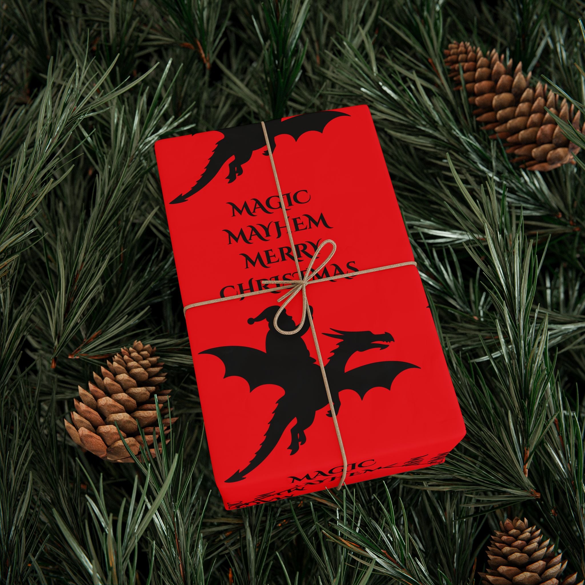 Santa Dragon Magic Mayhem Merry Christmas Wrapping Paper | Halloween Red and Black Santa on a Dragon Print