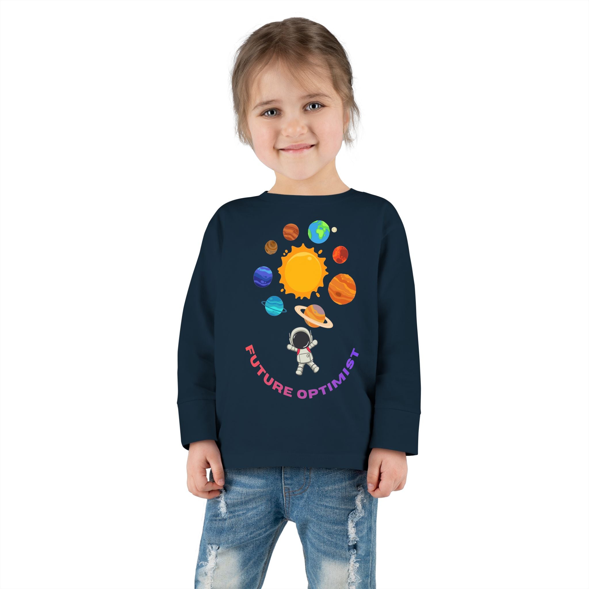 Future Optimist Astronaut toddler long sleeve tee | Solar System planets design