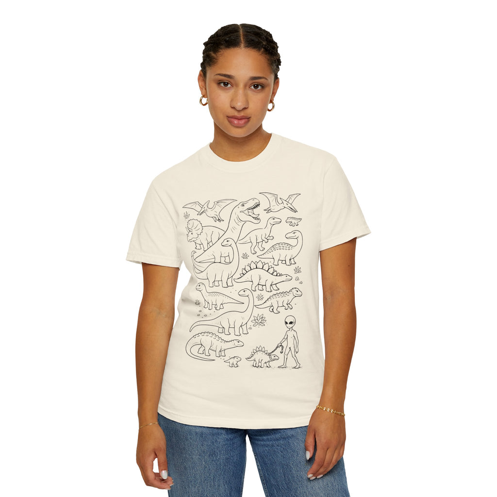 Alien & Dinosaur funny Line Art T-Shirt