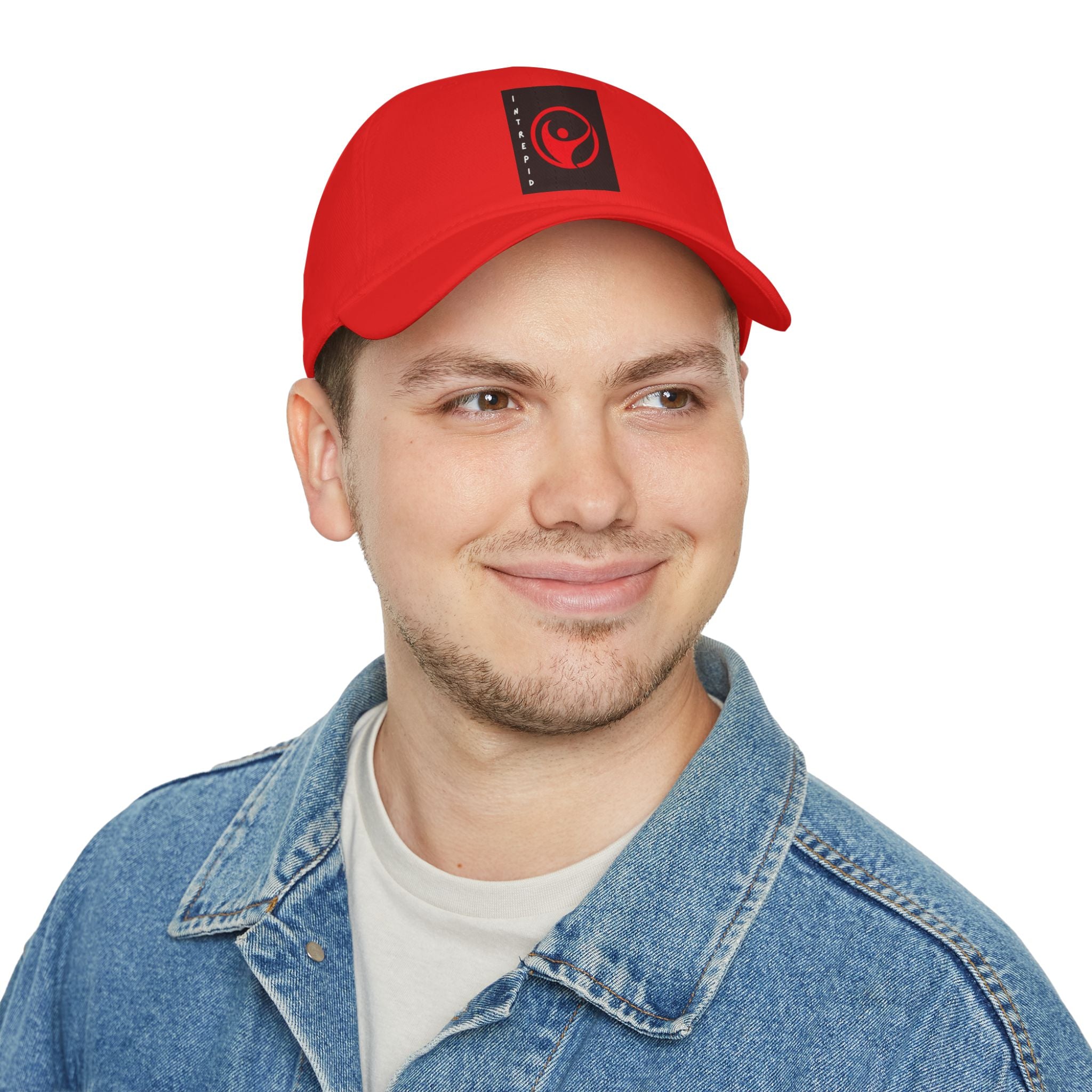 Intrepid Red Circular Logo Baseball Cap | Minimal Emblem, Black Square Patch