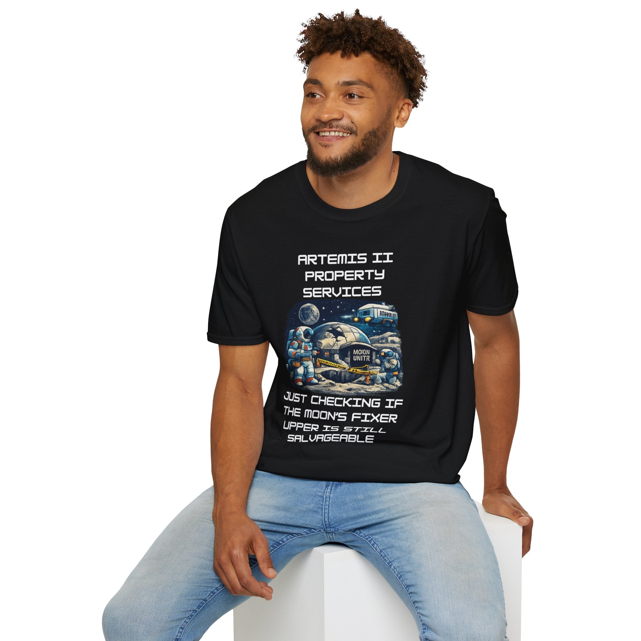 Moonbase Property Services T-Shirt — 'Artemis II Property Services' Space Repair Crew  funny Tee