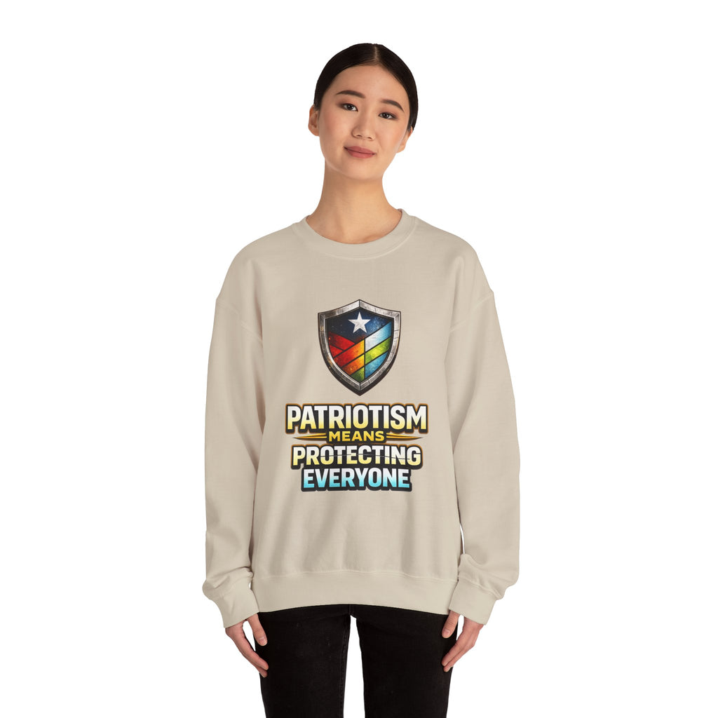 Patriotism Means Protecting Everyone Sweatshirt | Rainbow Shield Flag Design