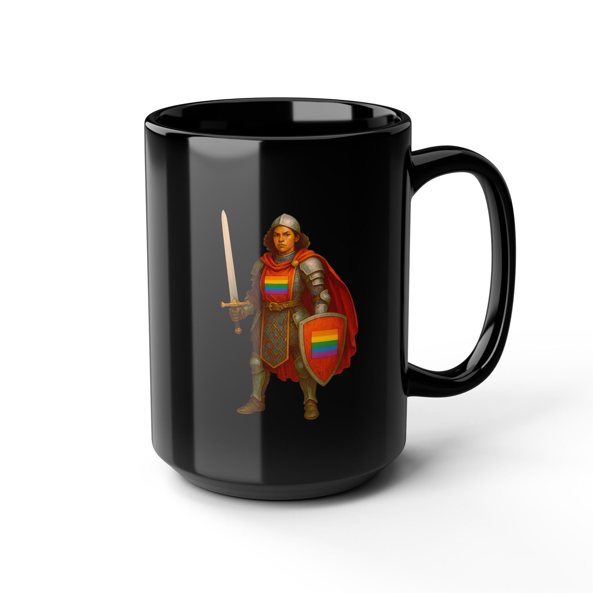Rainbow Paladin Mug | Black Ceramic Mug with Pride Shield and Cape