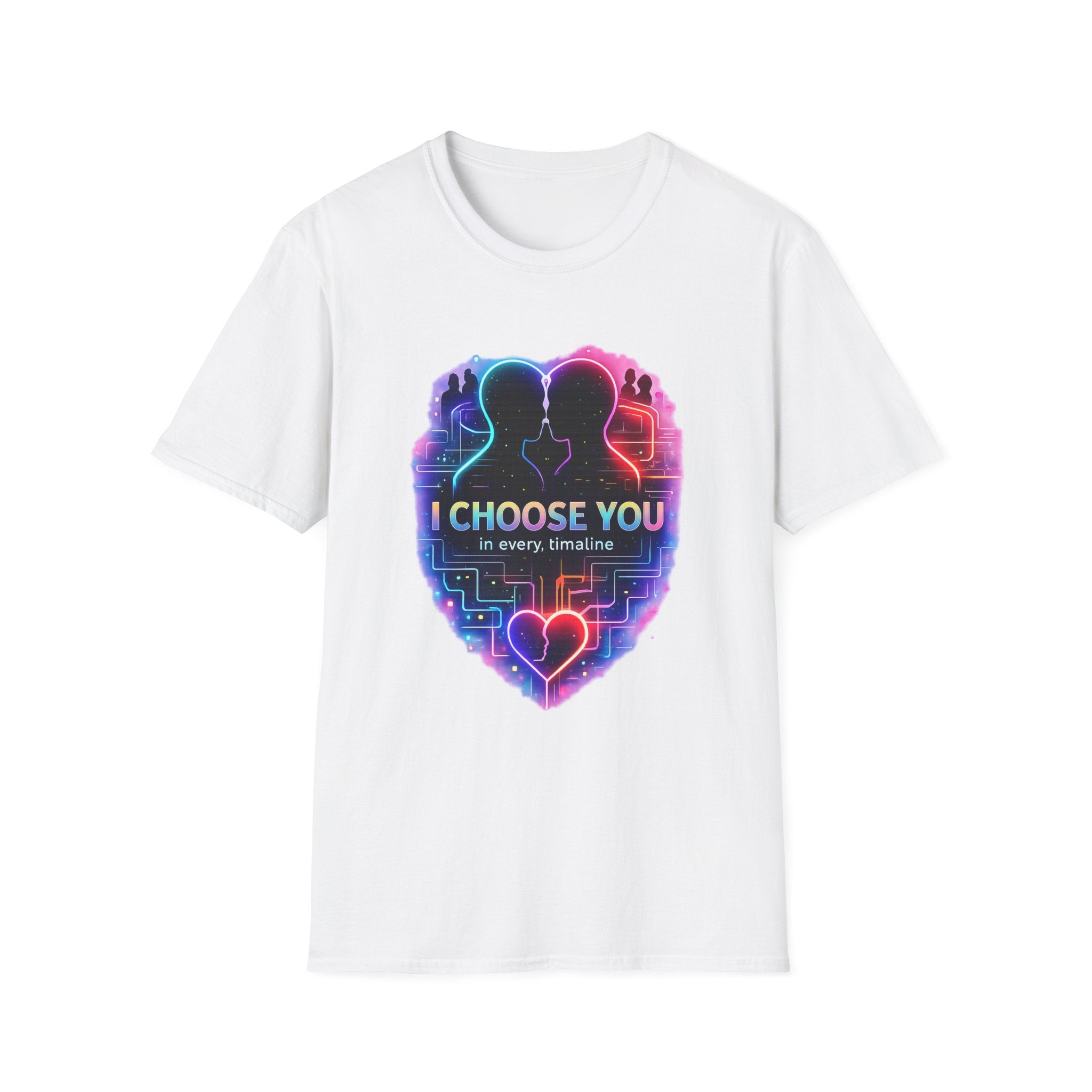 I Choose You  in Every Timeline silhouette heart T-Shirt | Neon LBGTQ couple, love phrase