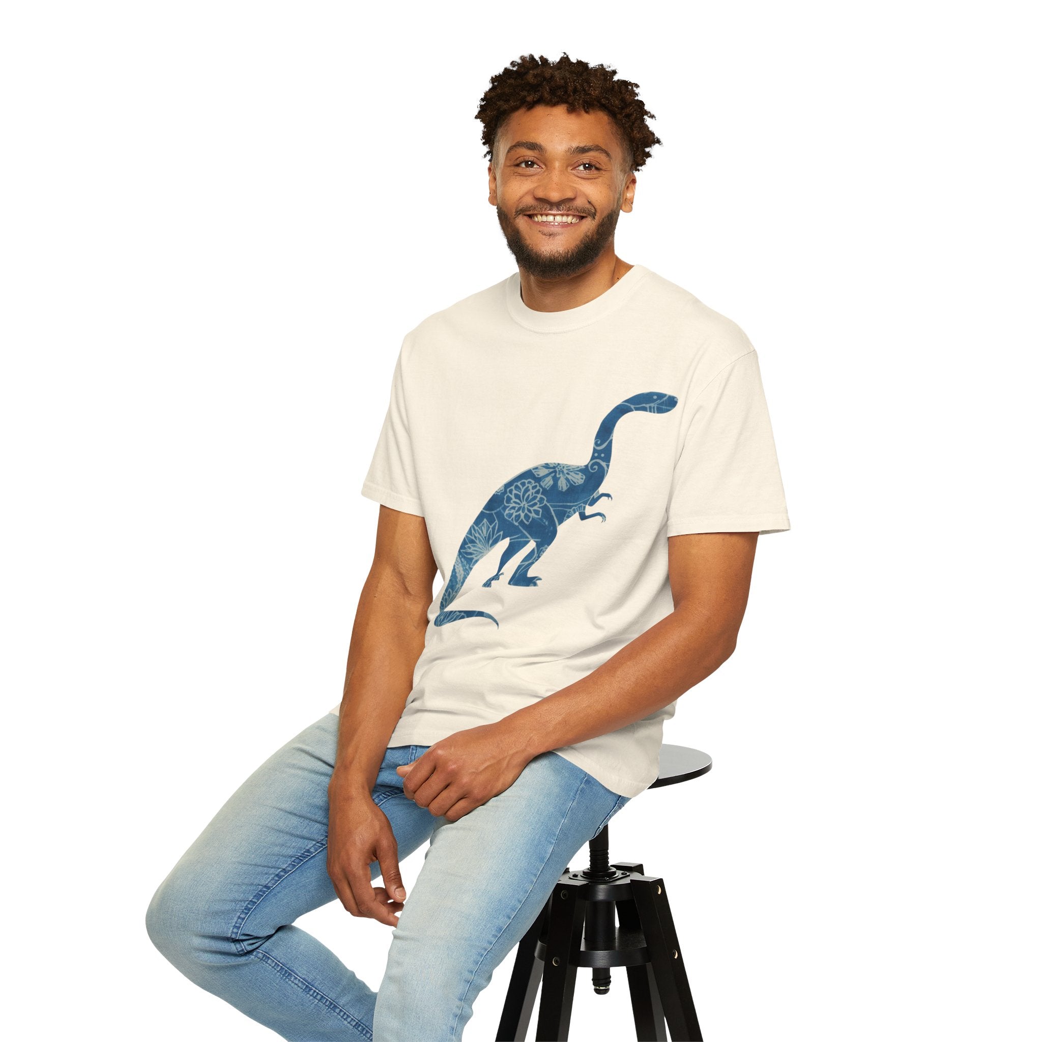 Dinosaur Floral blue chinoiserie Silhouette T-Shirt | Blue Botanical Dino Brontosaurus Tee