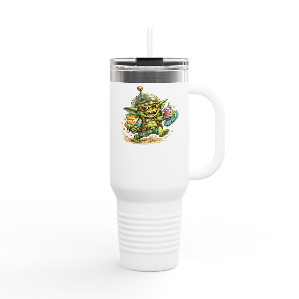 White travel mug with a green alien design on a white background