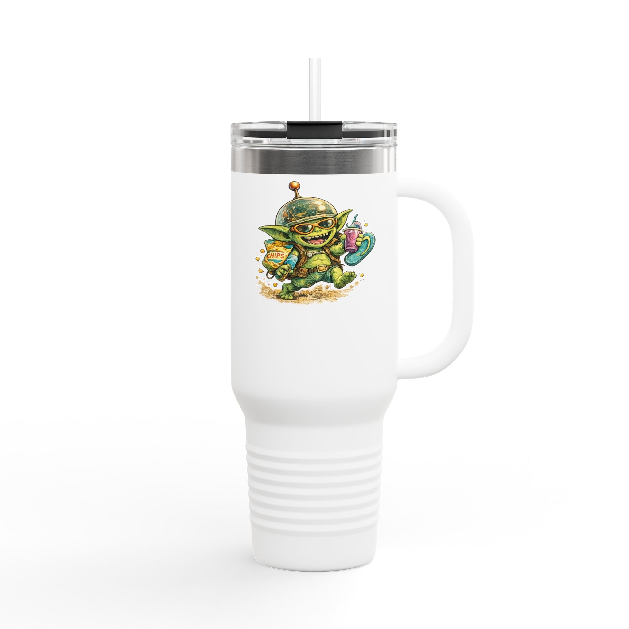 White travel mug with a green alien design on a white background