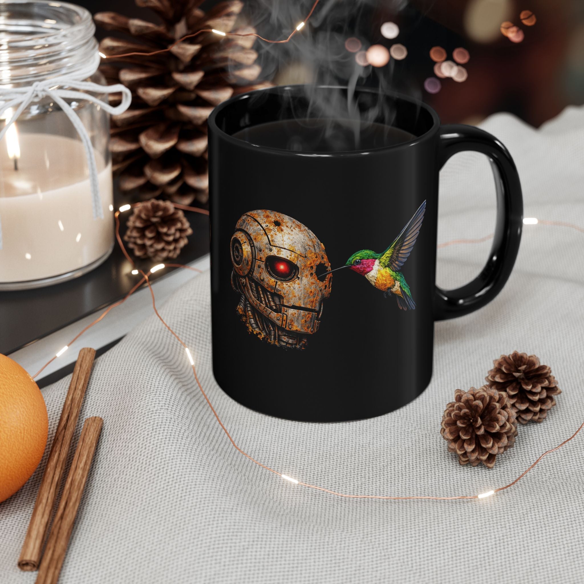 Steampunk Robot skull and hummingbird | Black Ceramic Coffee Cup