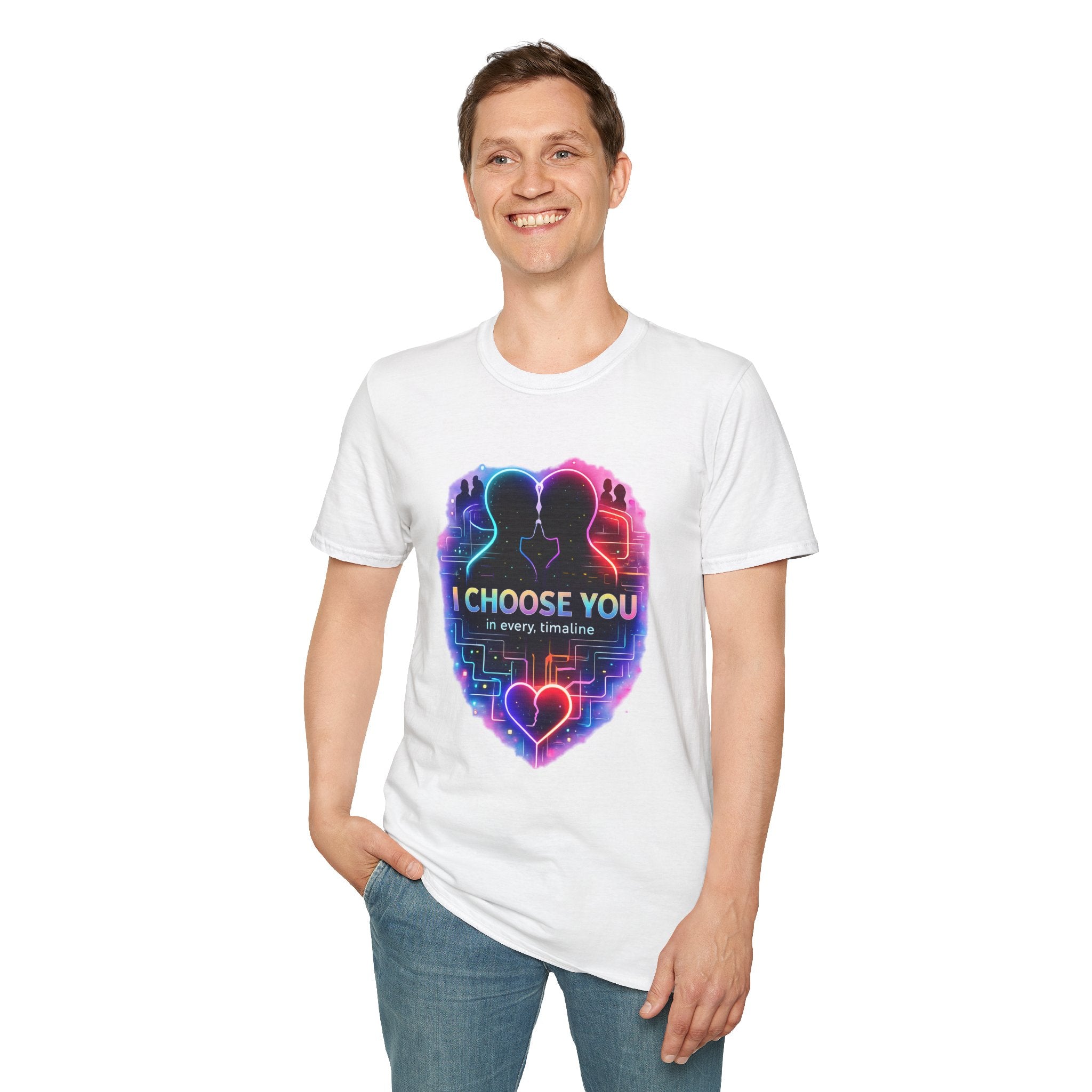 I Choose You  in Every Timeline silhouette heart T-Shirt | Neon LBGTQ couple, love phrase