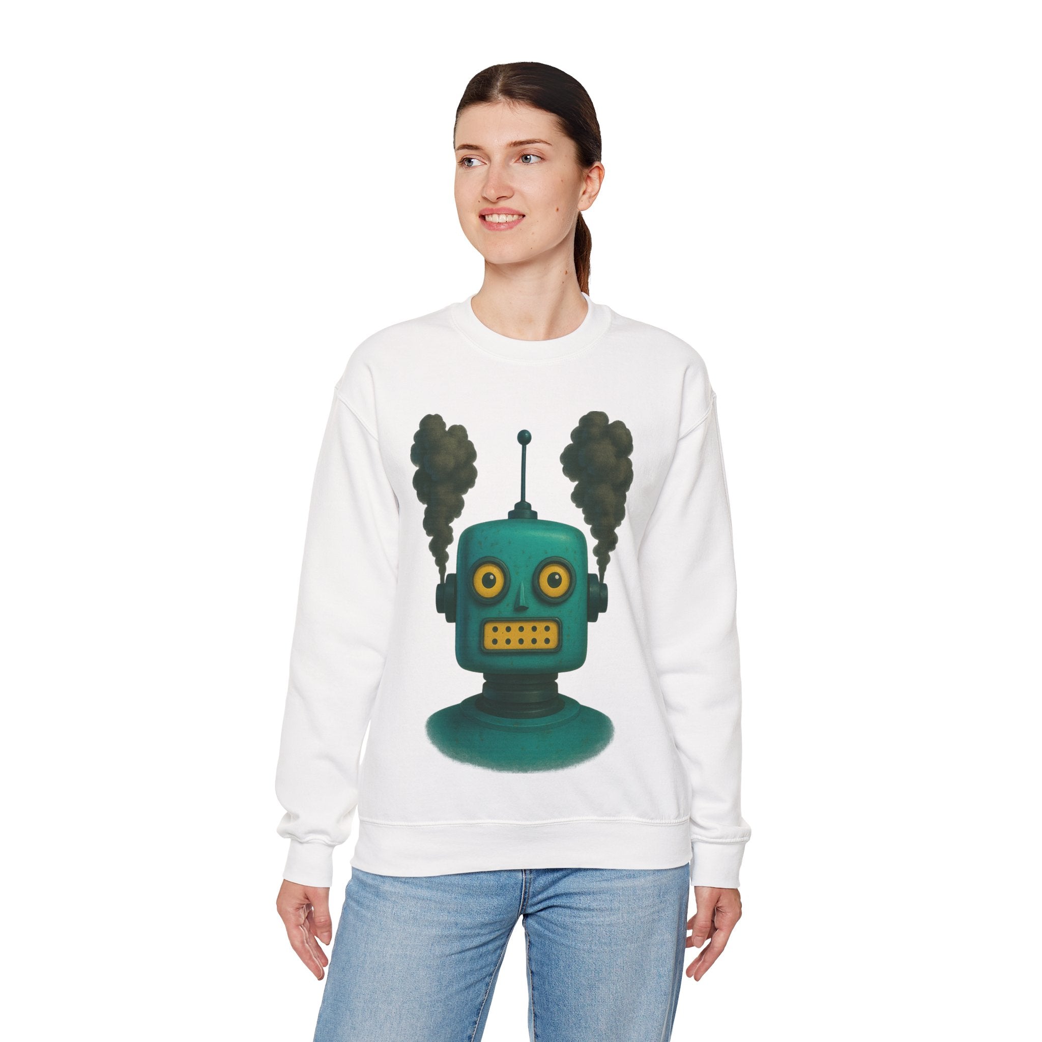 Smoking Robot Graphic Unisex Sweatshirt, Cozy Crewneck Top