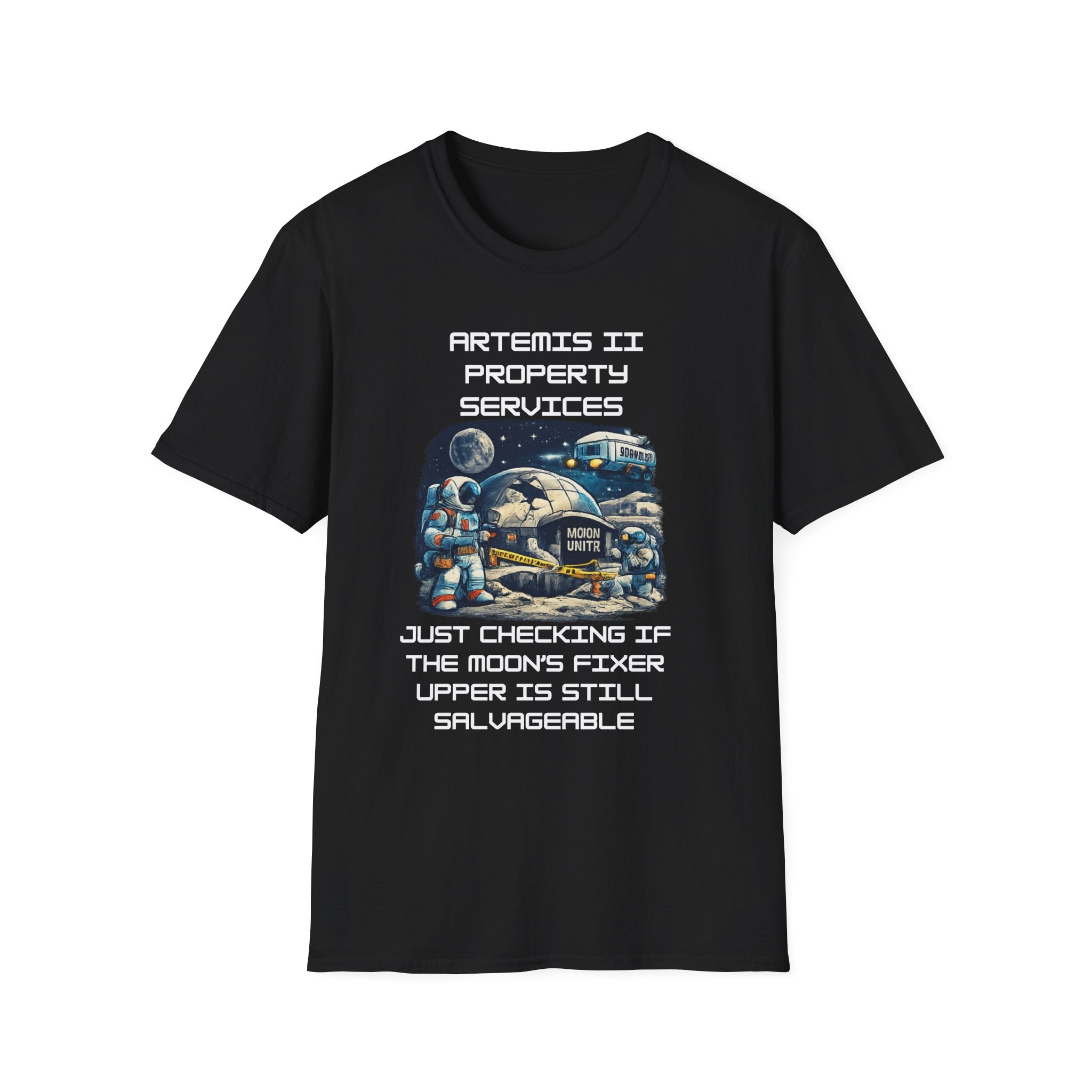 Moonbase Property Services T-Shirt — 'Artemis II Property Services' Space Repair Crew  funny Tee