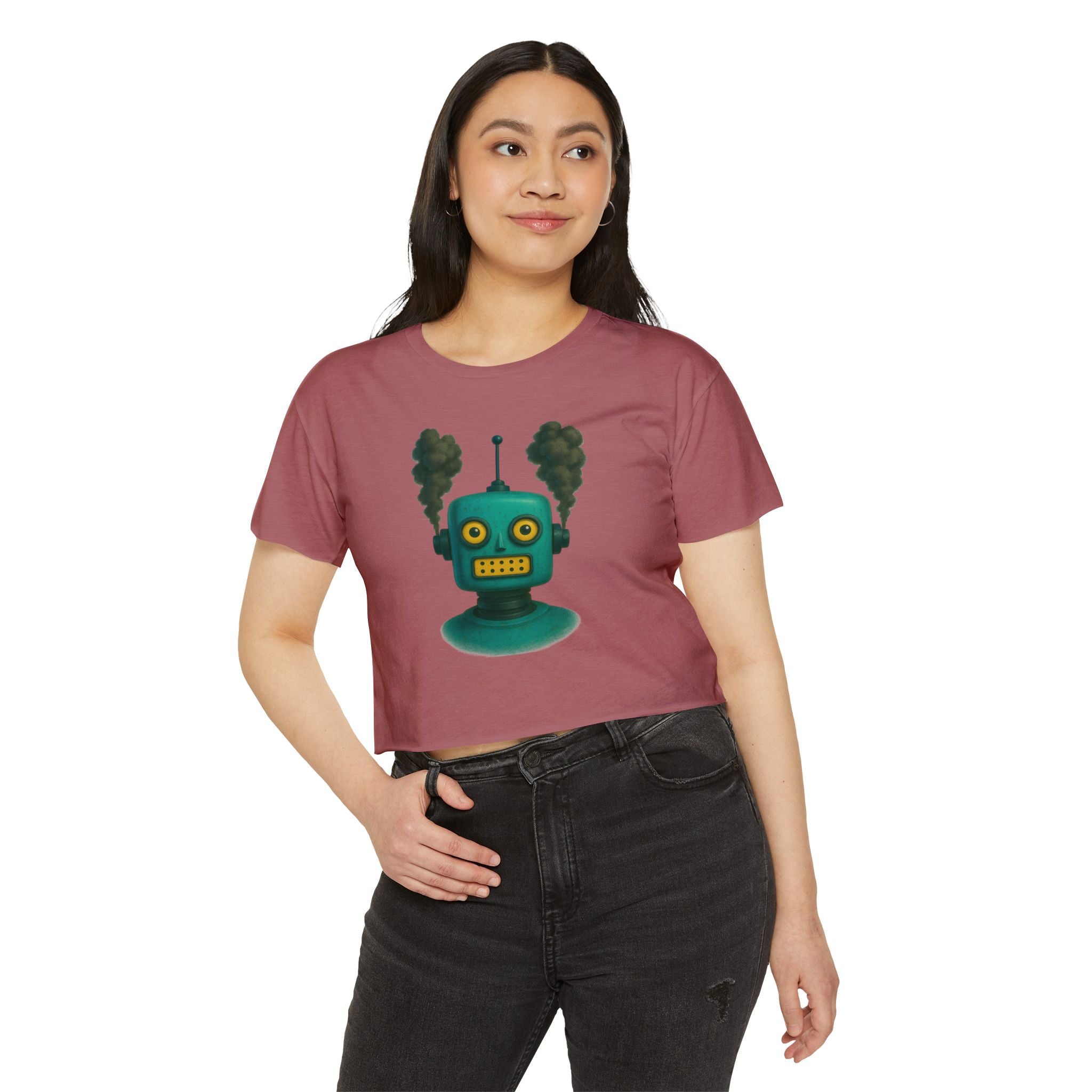 Green Retro Robot Head crop top | Steam-punk robot graphic