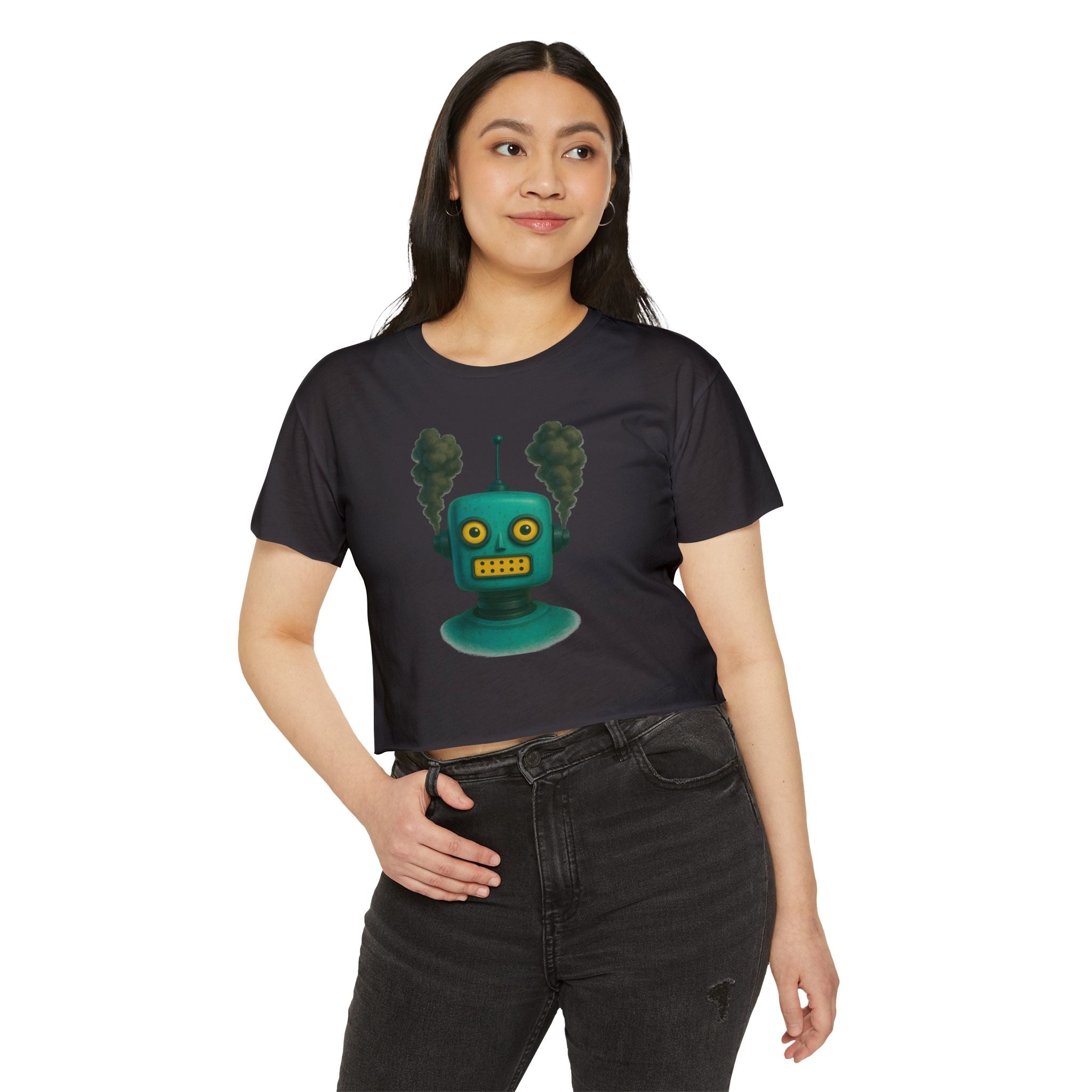 Green Retro Robot Head crop top | Steam-punk robot graphic