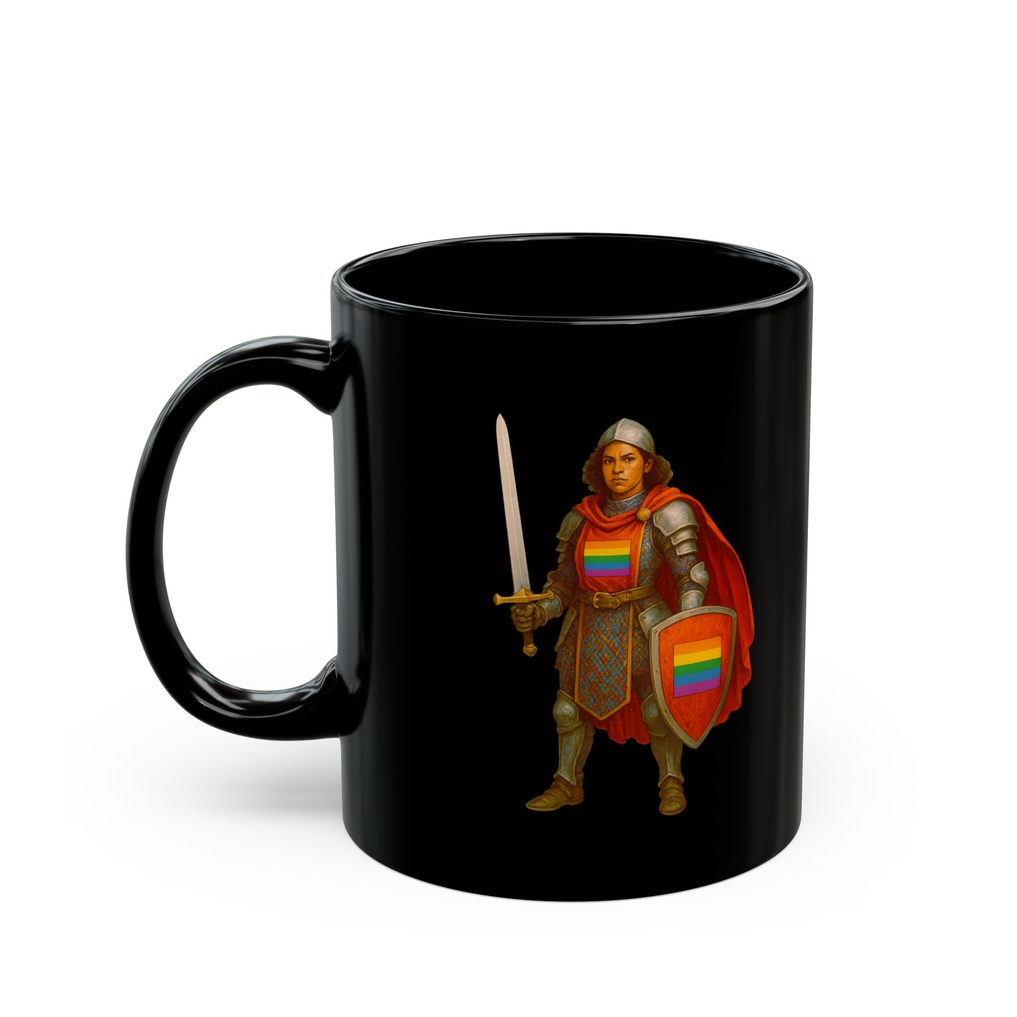 Rainbow Paladin Mug | Black Ceramic Mug with Pride Shield and Cape