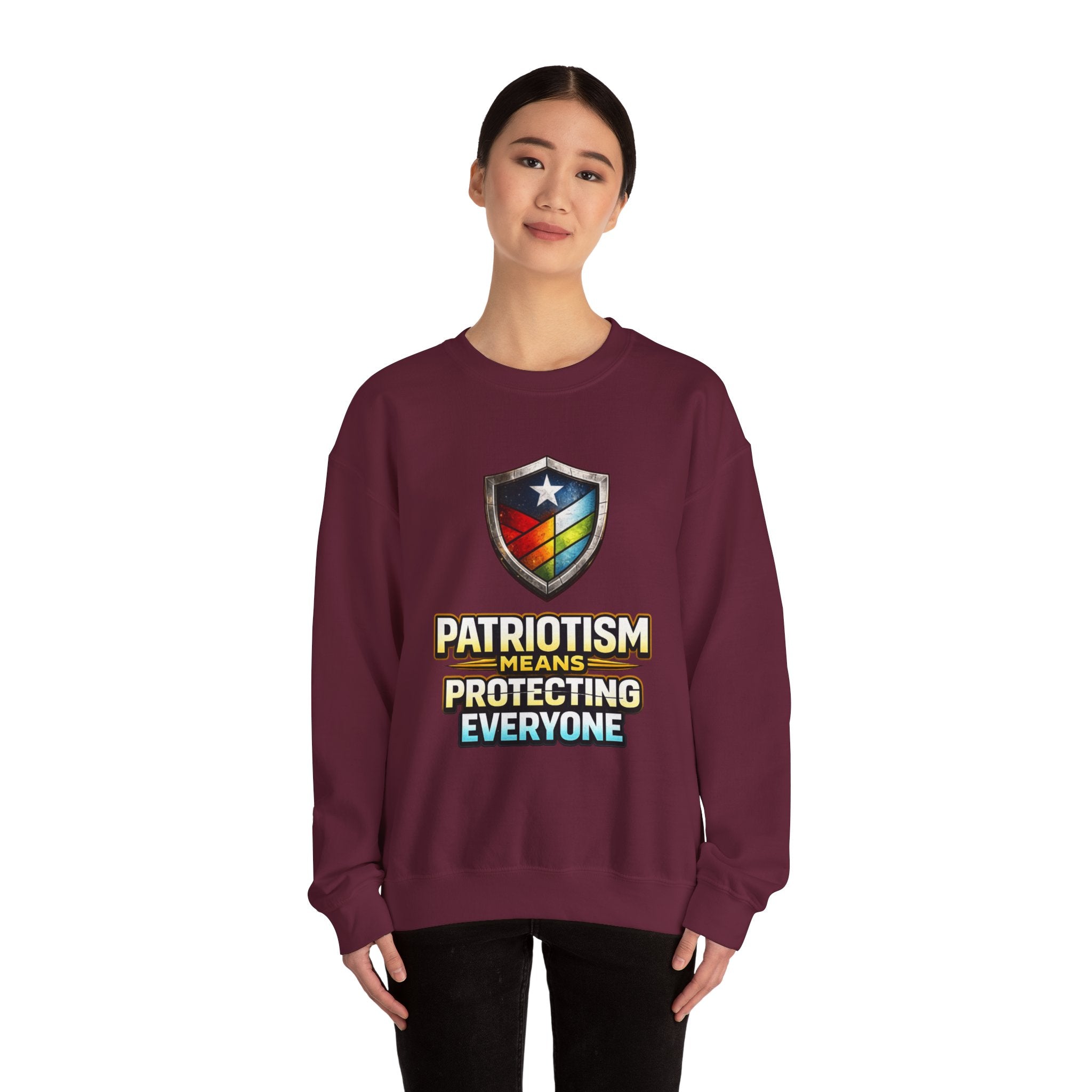 Patriotism Means Protecting Everyone Sweatshirt | Rainbow Shield Flag Design