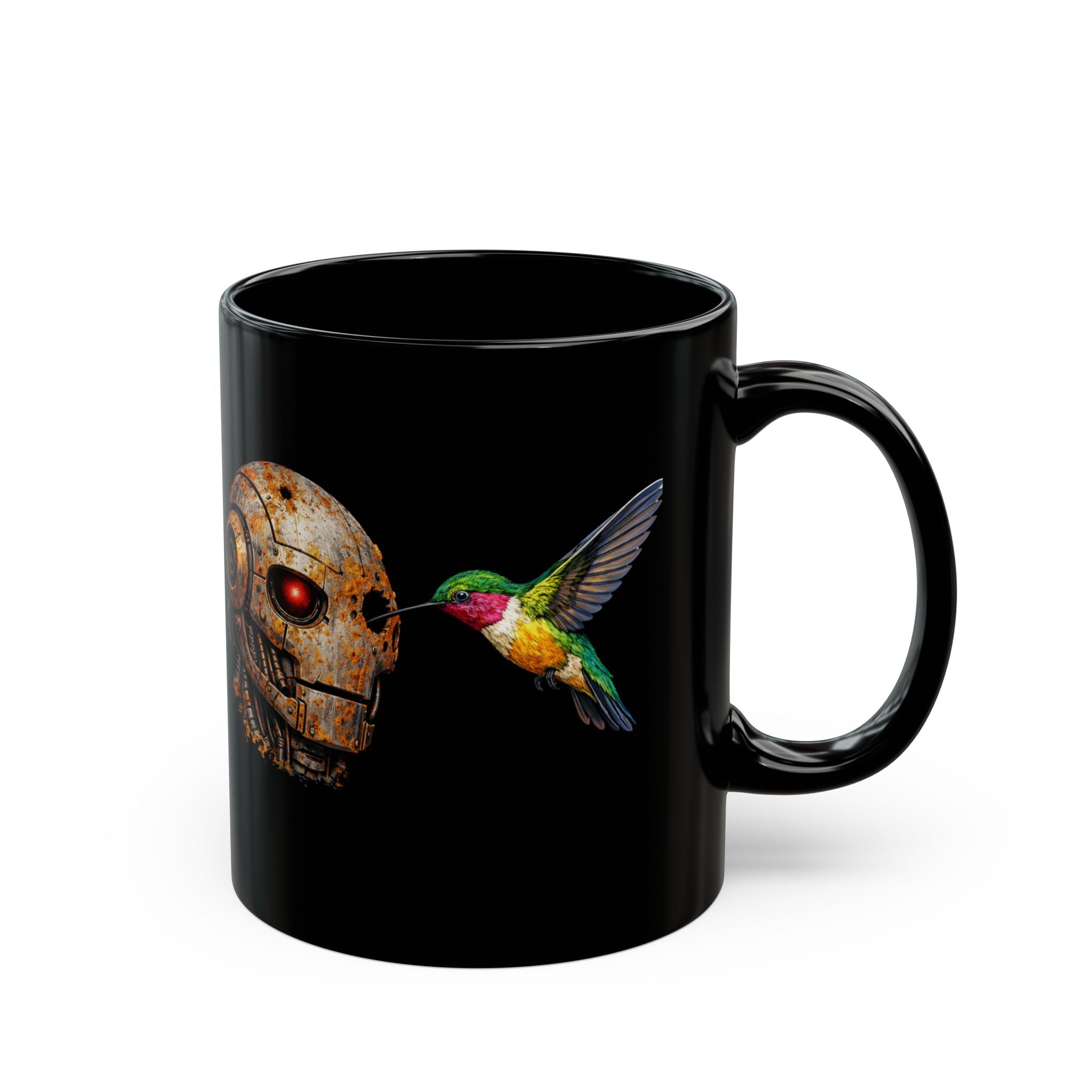 Steampunk Robot skull and hummingbird | Black Ceramic Coffee Cup