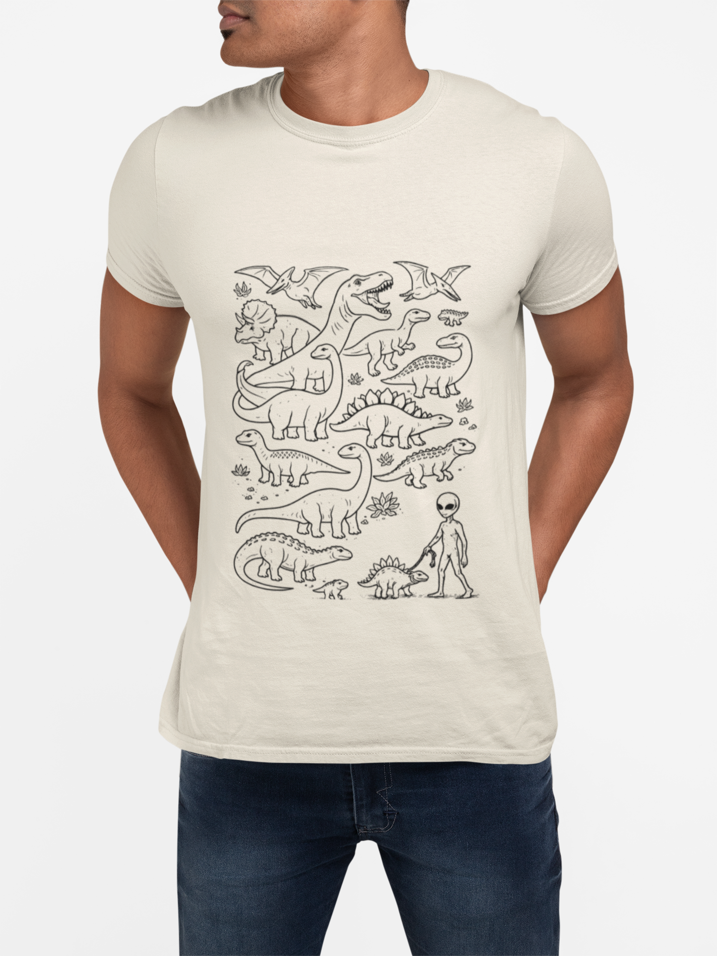 Alien & Dinosaur funny Line Art T-Shirt