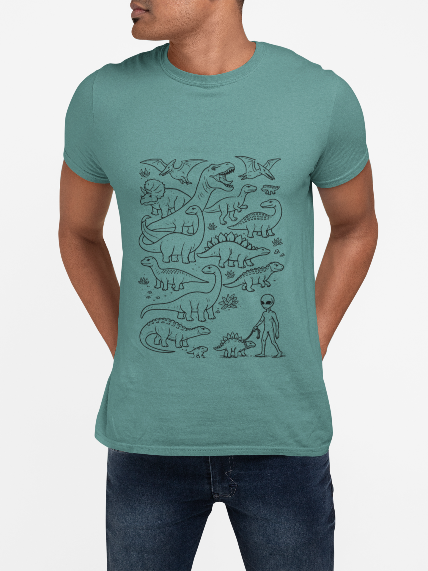 Alien & Dinosaur funny Line Art T-Shirt