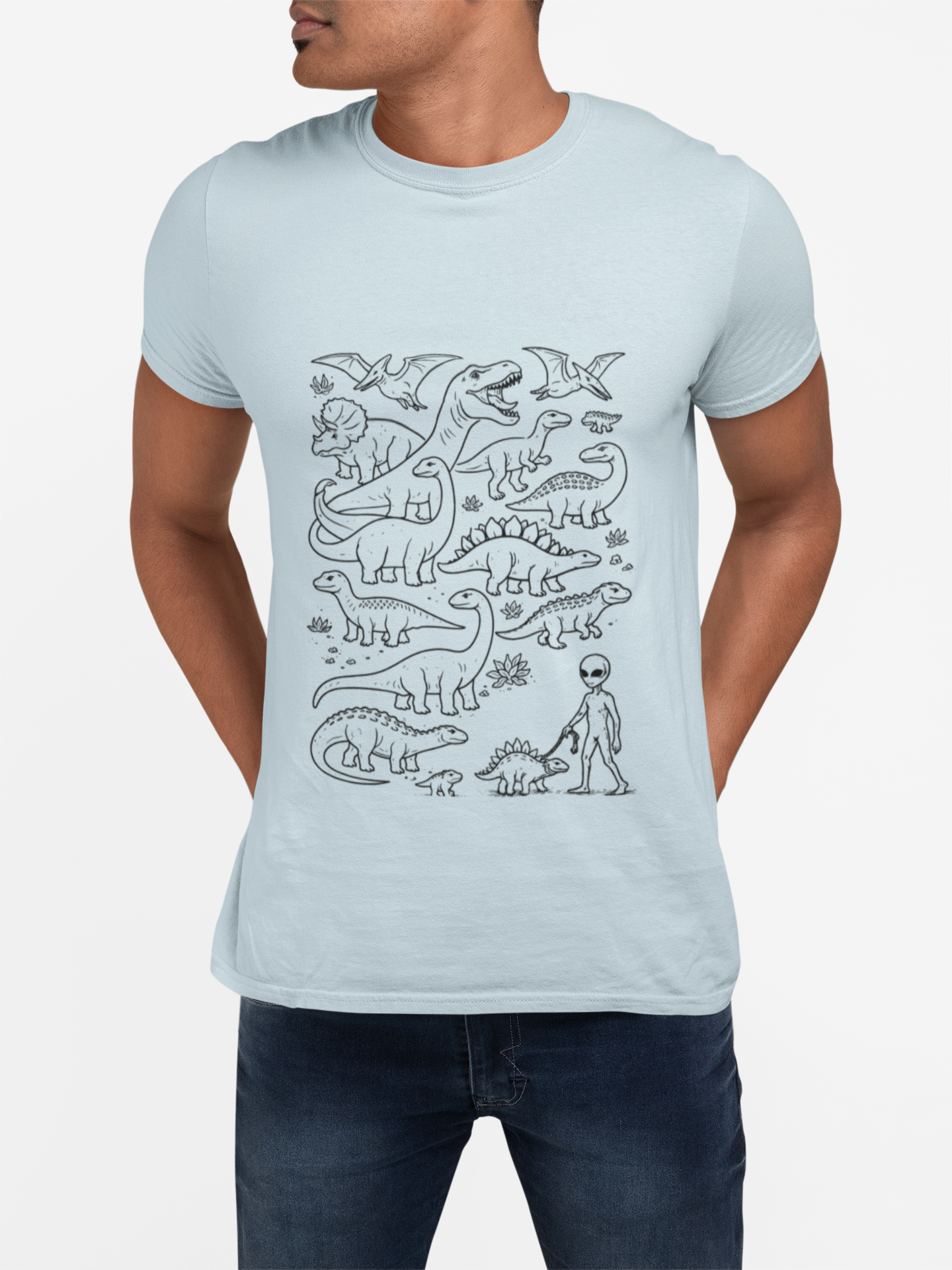 Alien & Dinosaur funny Line Art T-Shirt