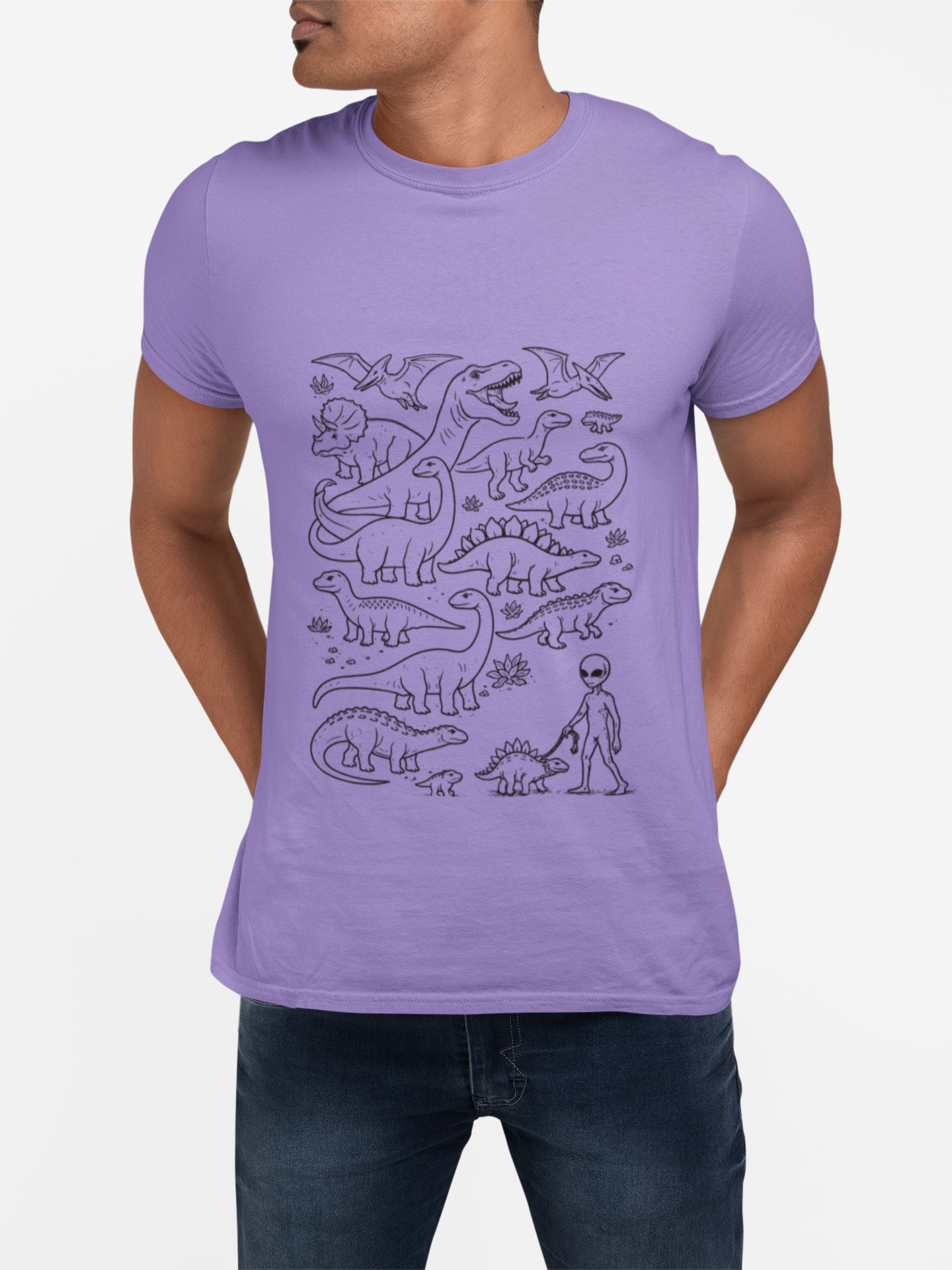 Alien & Dinosaur funny Line Art T-Shirt