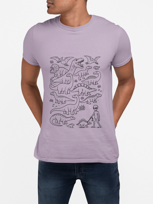 Alien & Dinosaur funny Line Art T-Shirt