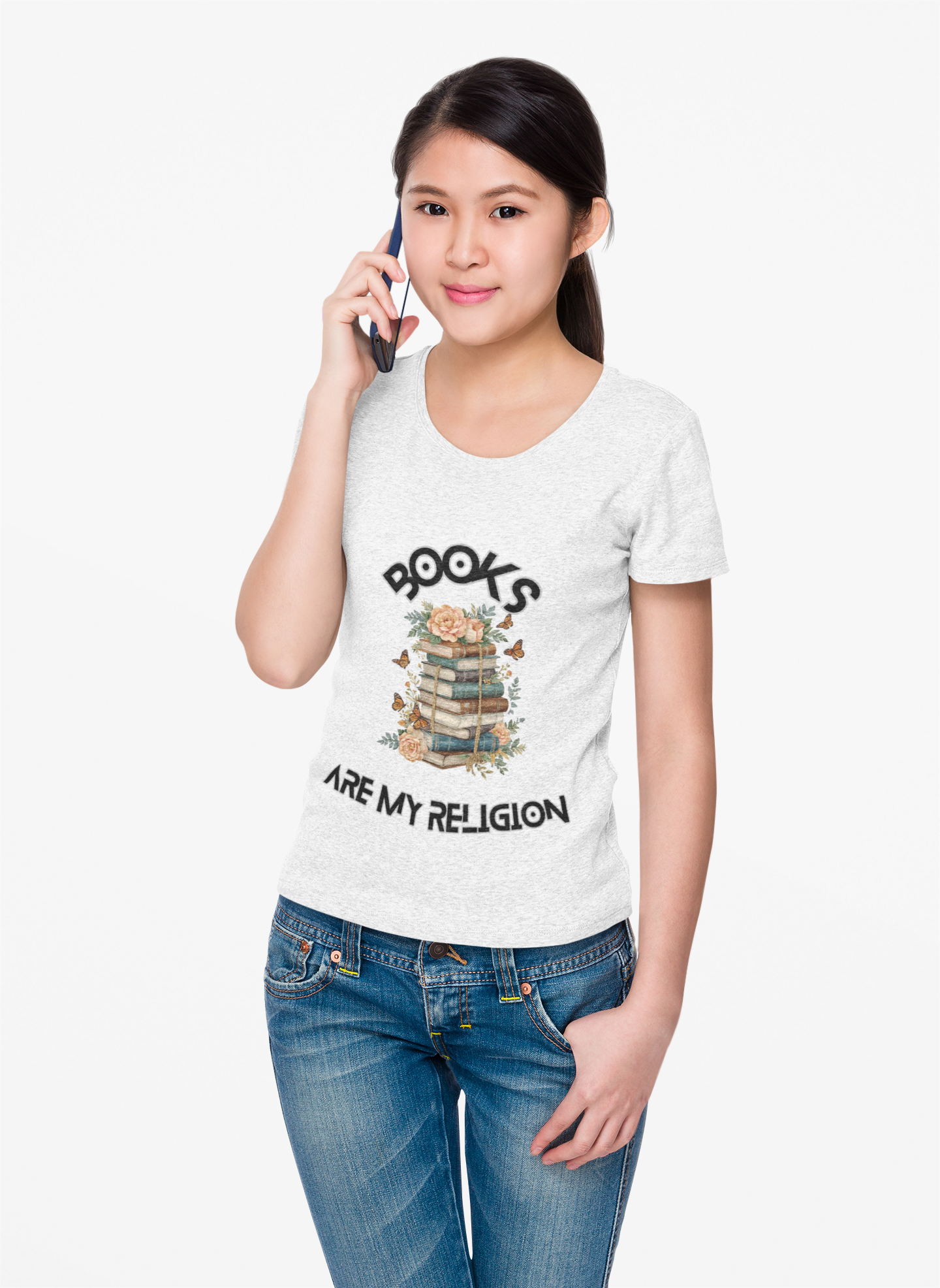 Books Are My Religion V-Neck Tee, Floral Stack Graphic T-Shirt for Women