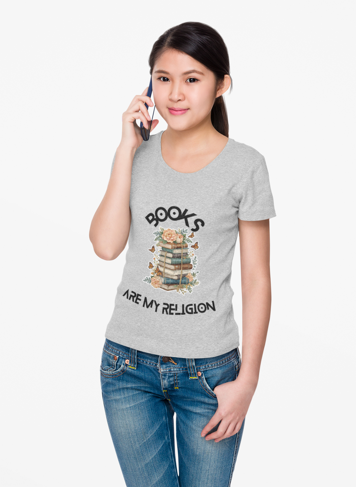 Books Are My Religion V-Neck Tee, Floral Stack Graphic T-Shirt for Women