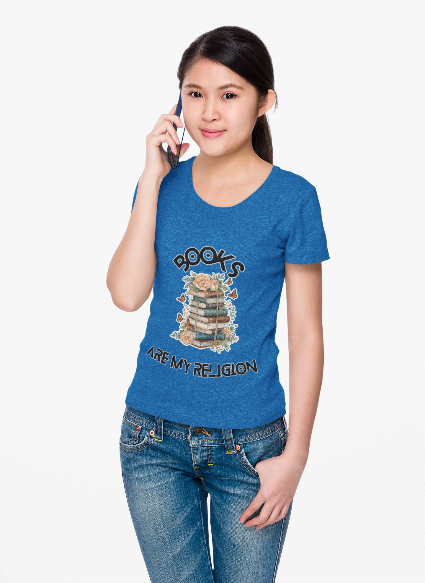 Books Are My Religion V-Neck Tee, Floral Stack Graphic T-Shirt for Women