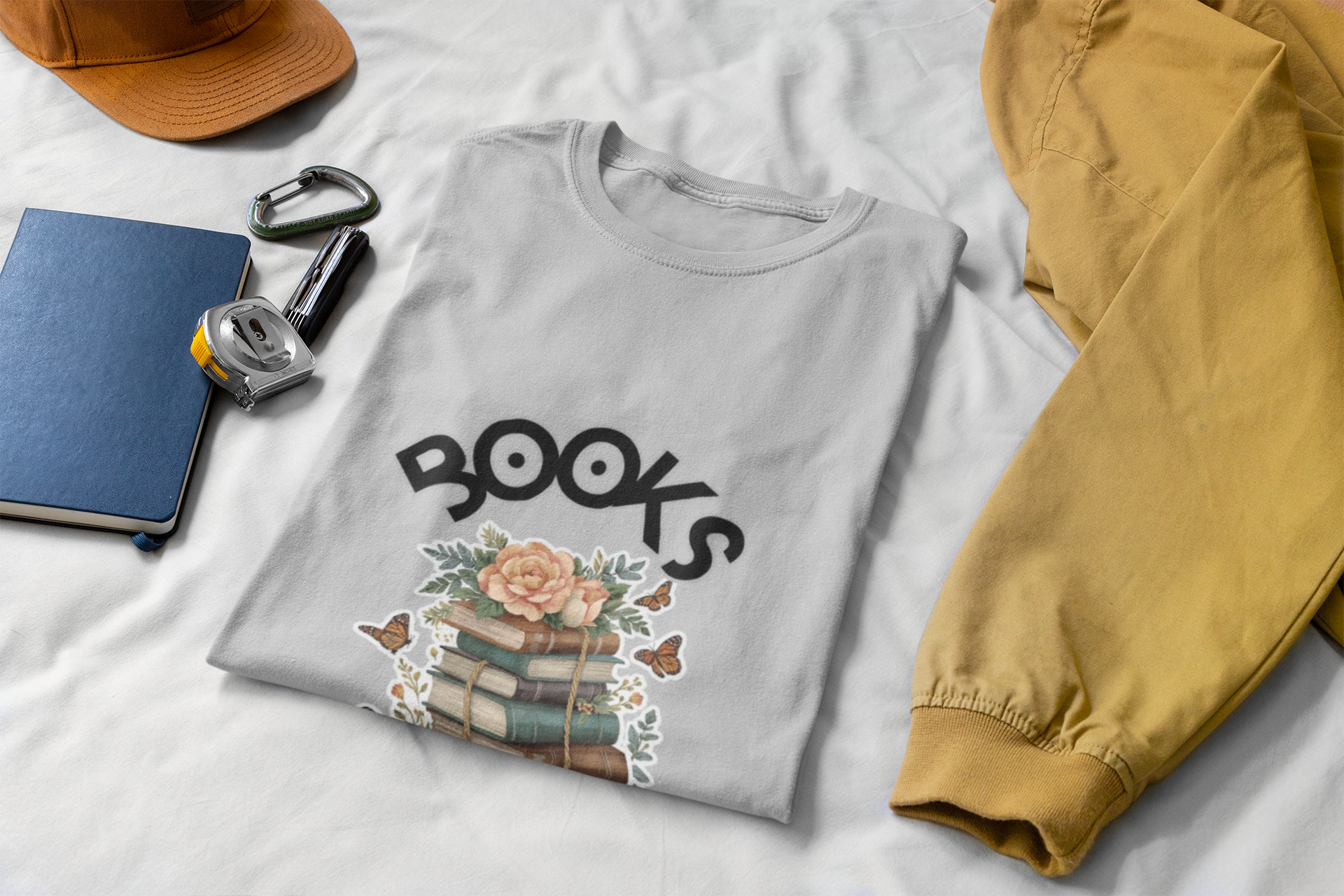 Books Are My Religion V-Neck Tee, Floral Stack Graphic T-Shirt for Women