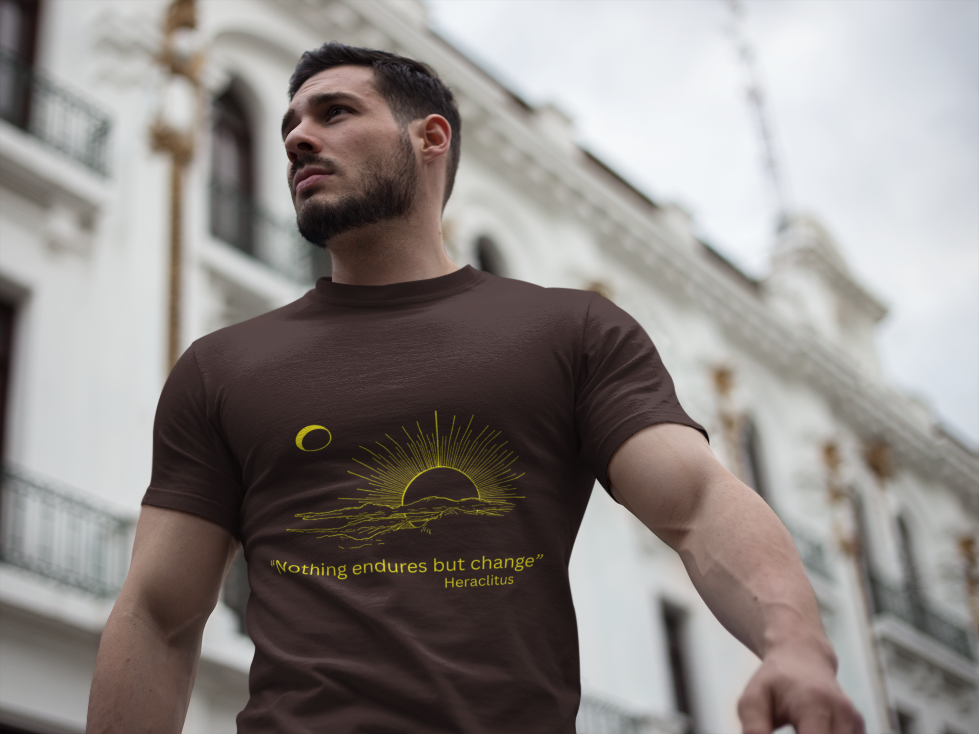 Nothing Endures But Change quote tee with Yellow Crescent sun